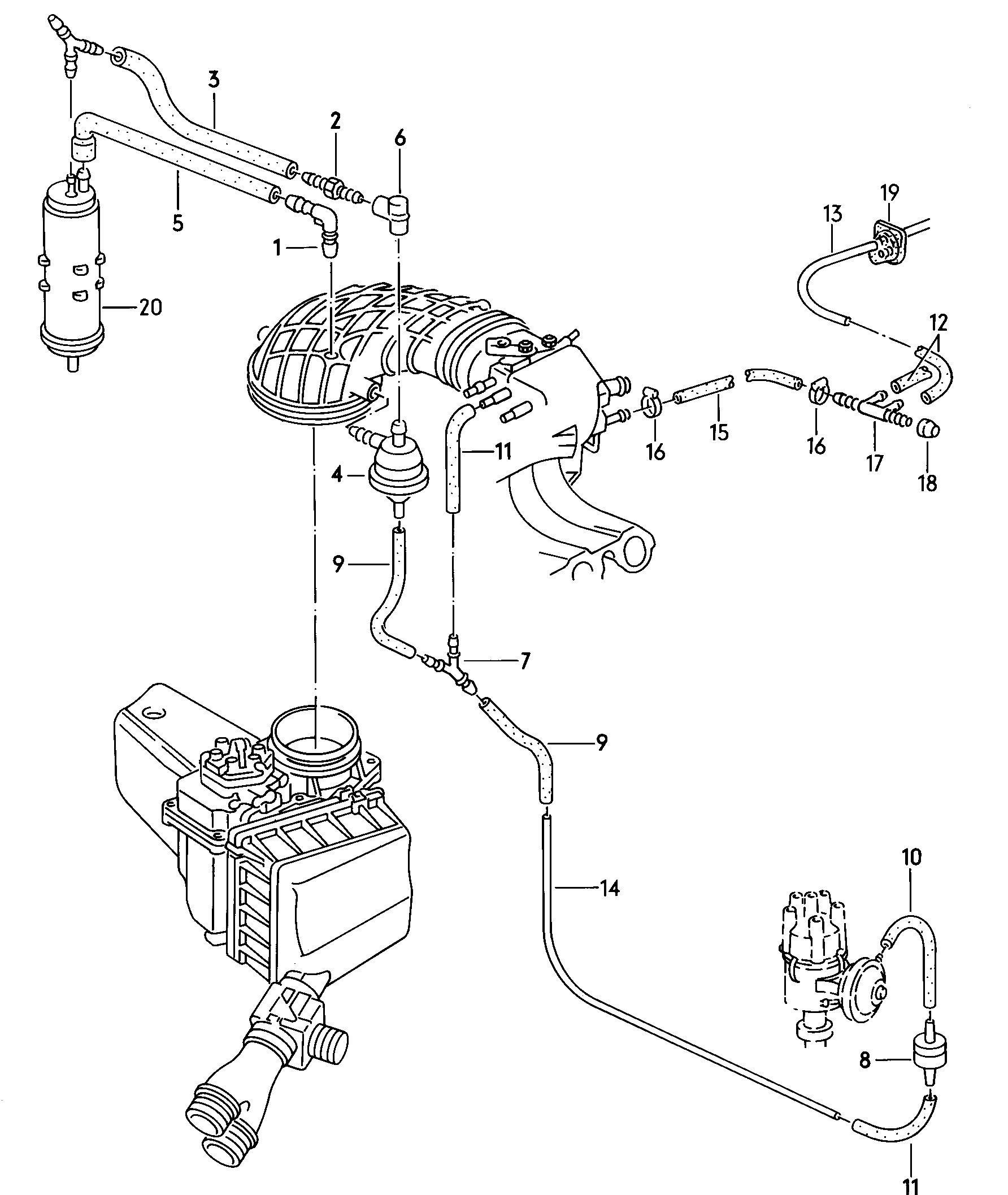 vacuum hoses with<br>connecting partsfor pneumatic differential<br>lockfor models with emission<br>control system            rhd - Audi 100/Avant quattro - a10q
