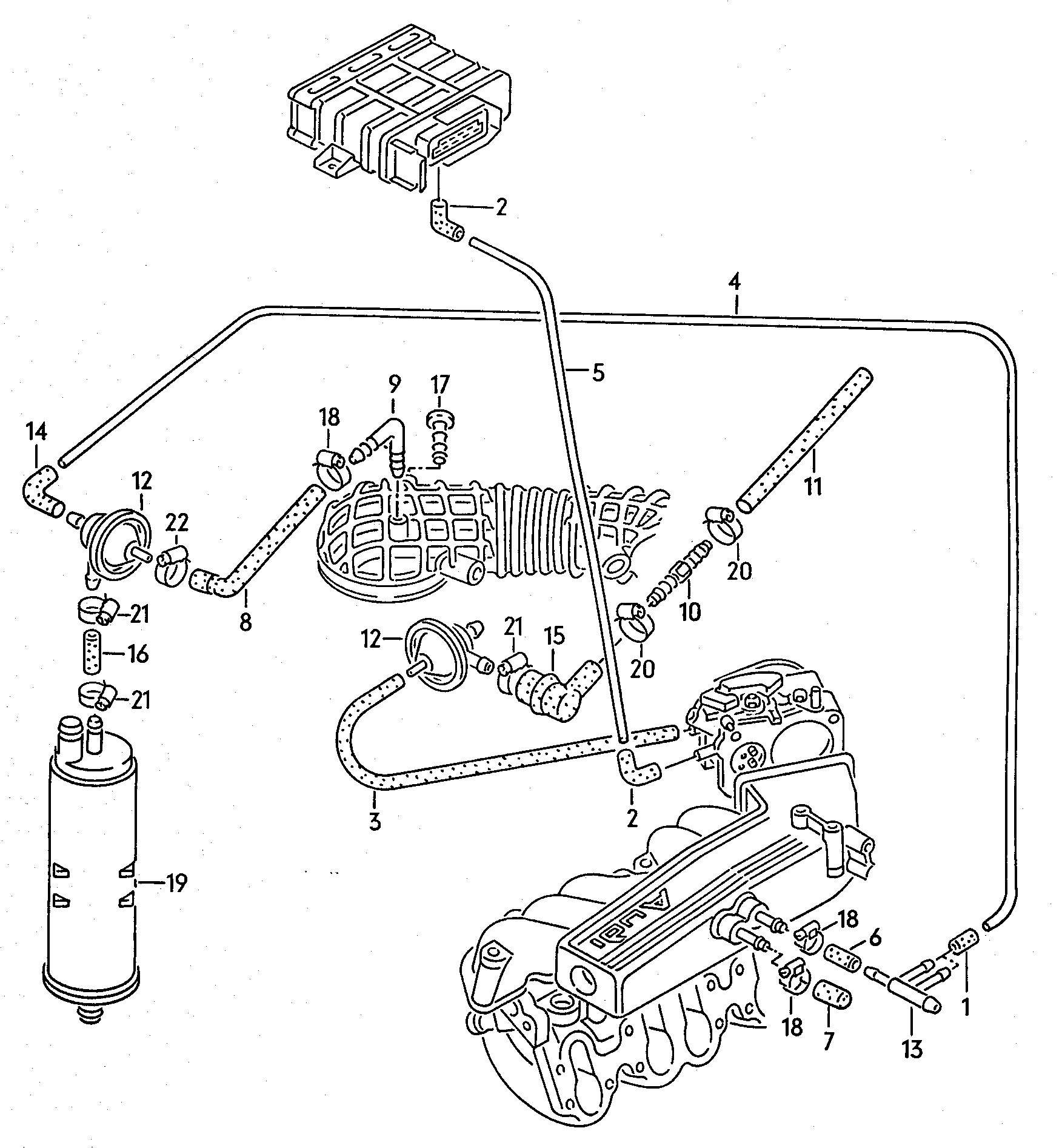 UnterdruckanlageAktivkohlefilteranlagefür Fahrzeuge mit Katalysator 2,0Ltr. - Audi 100/Avant - a100