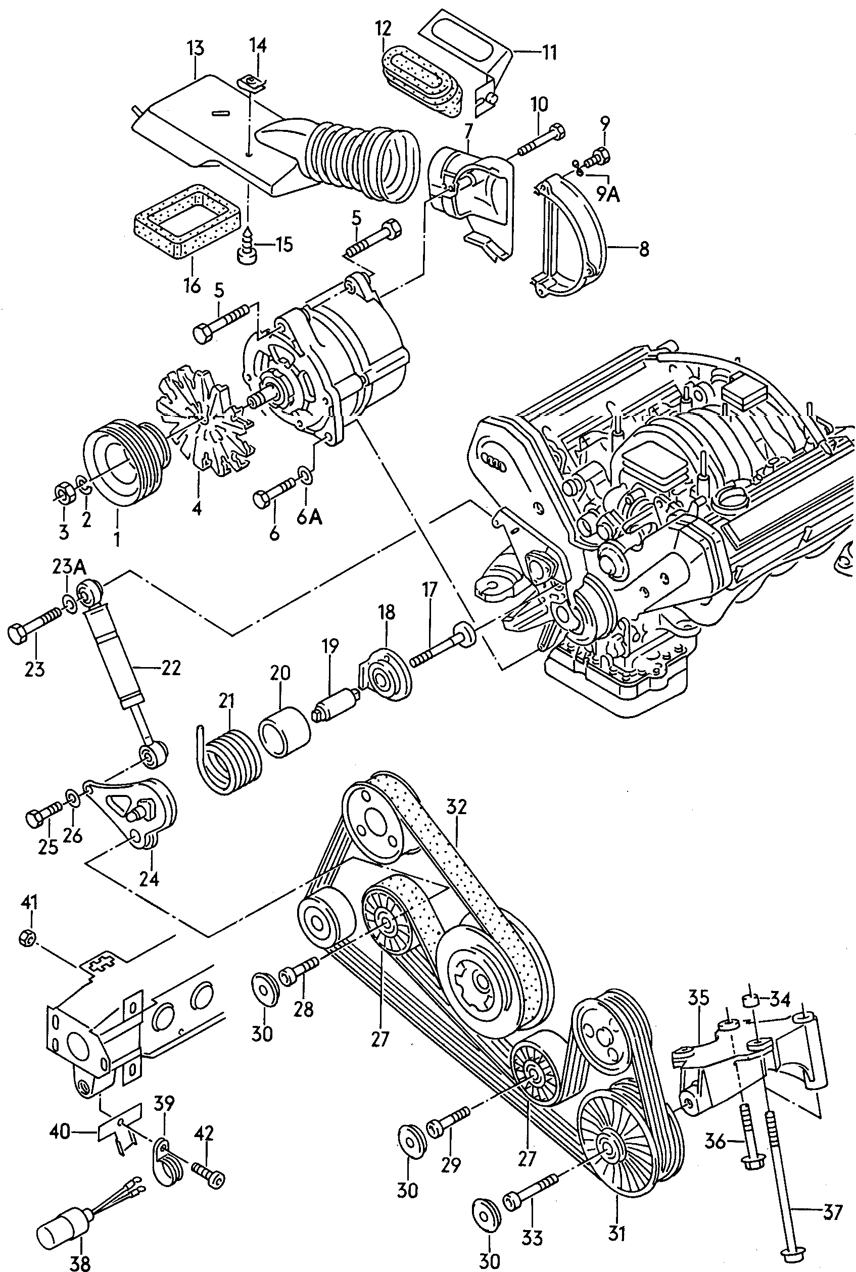 connecting and mounting parts<br>for alternatoridler pulleyPoly-V-belt 4.2 Ltr. - Audi A6/S6/Avant/qu. - a6q