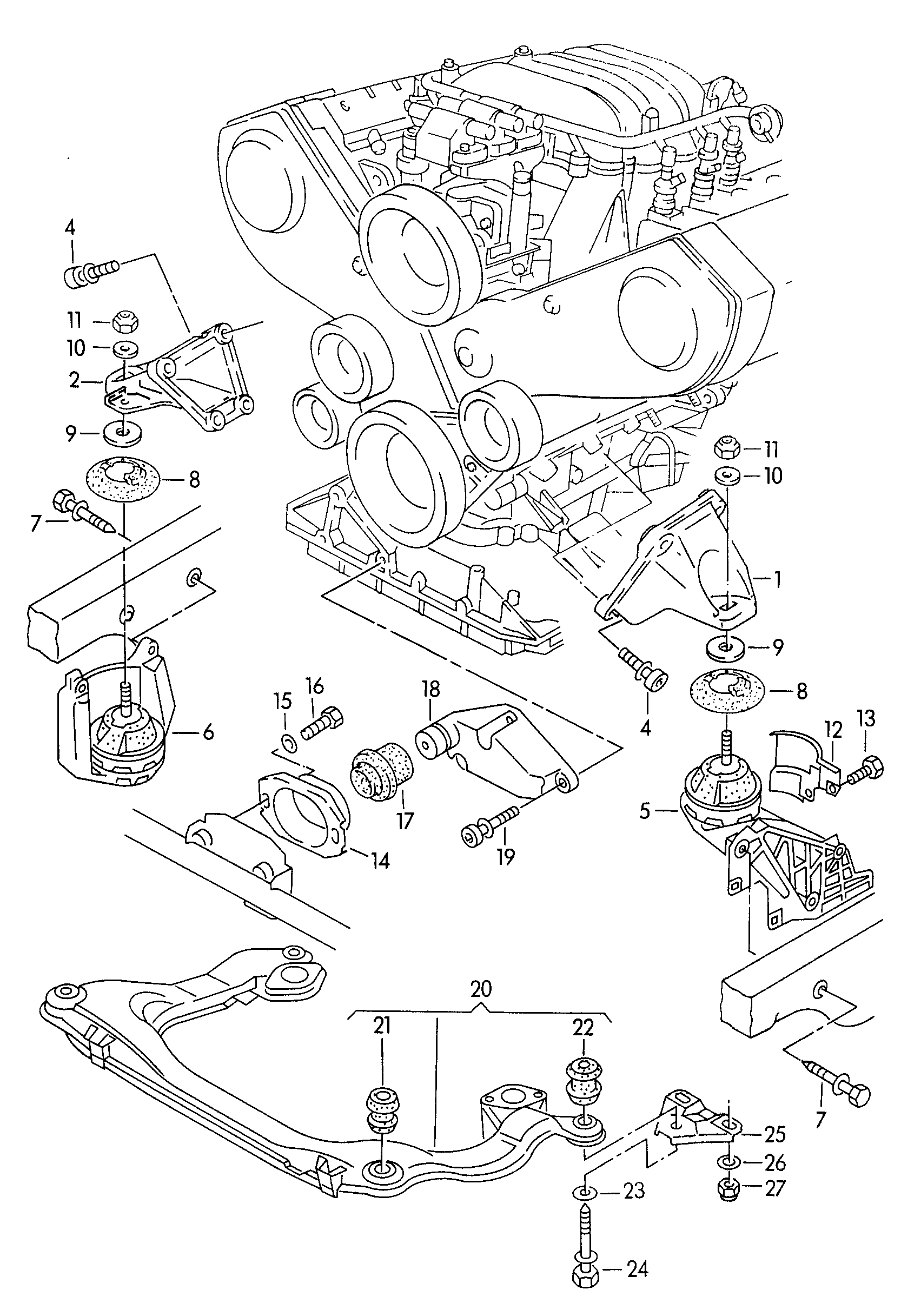 Детали крепления двигателя 2,6/2,8 л. - Audi Cabriolet - aca