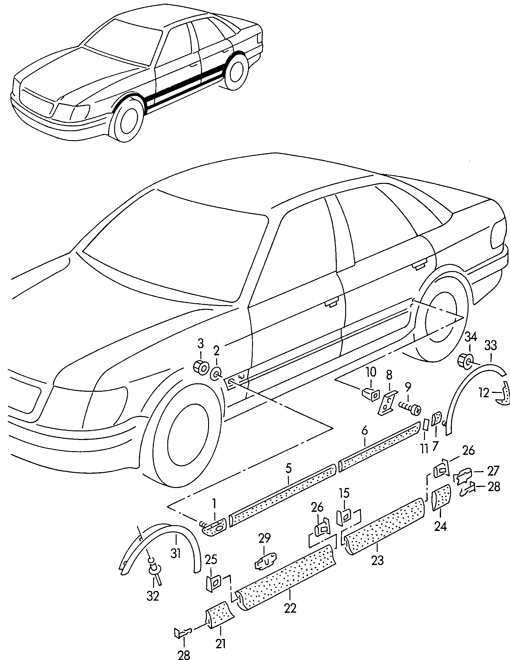 moldings and covers<br>for bumpers, doors<br>and side panels  - Audi 80/90/Avant quattro - a80q