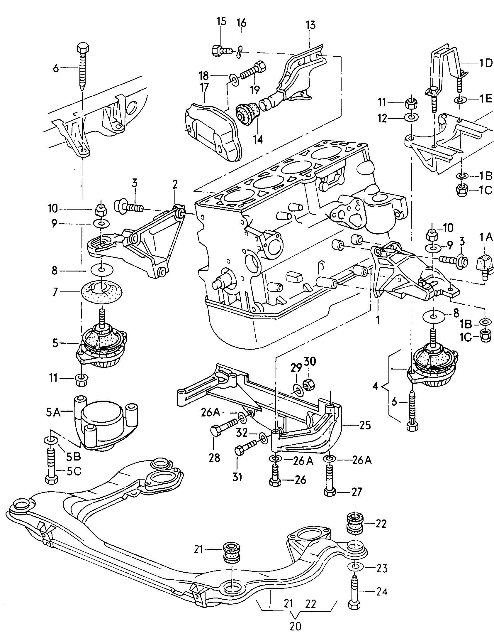 Befestigungsteile für Motor 1,8-2,0Ltr. - Audi Cabriolet - aca