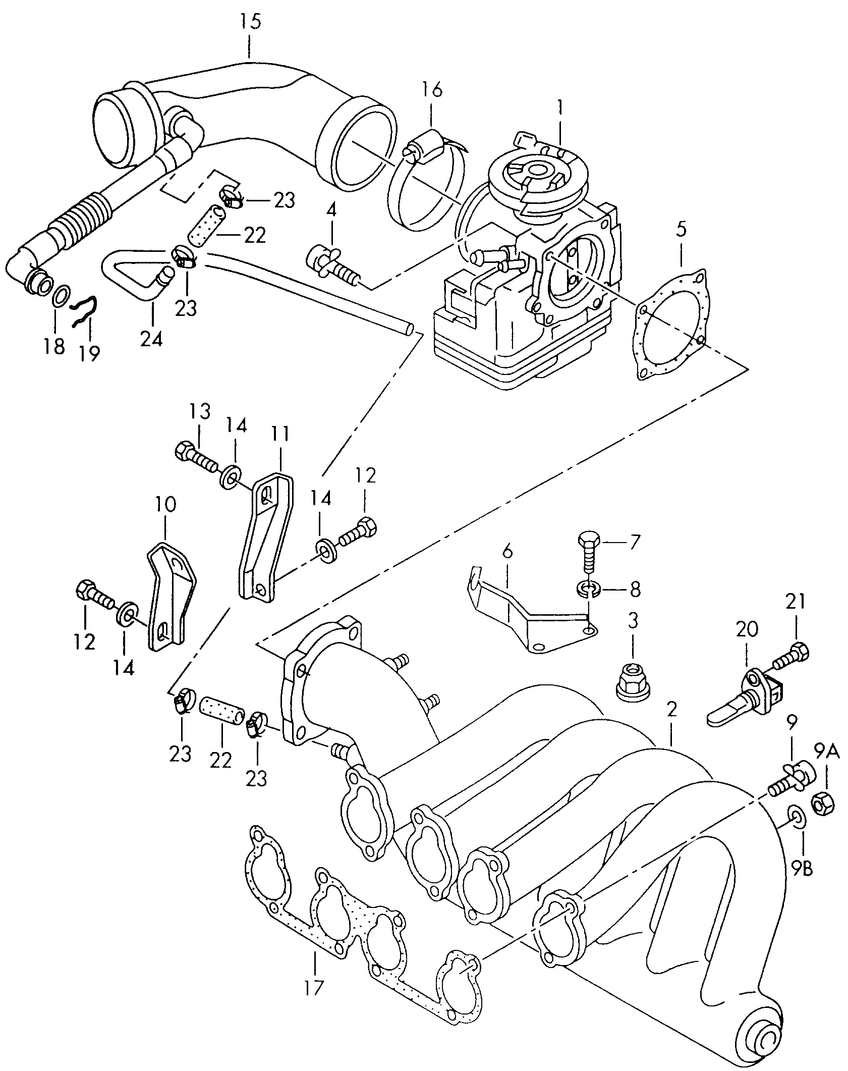 Intake connection<br>Throttle valve control element<br>ventilation for cylinder head<br>cover<br> F             >> 8D-W-104 600<br/> 1.6ltr. - Audi A4/Avant - a4