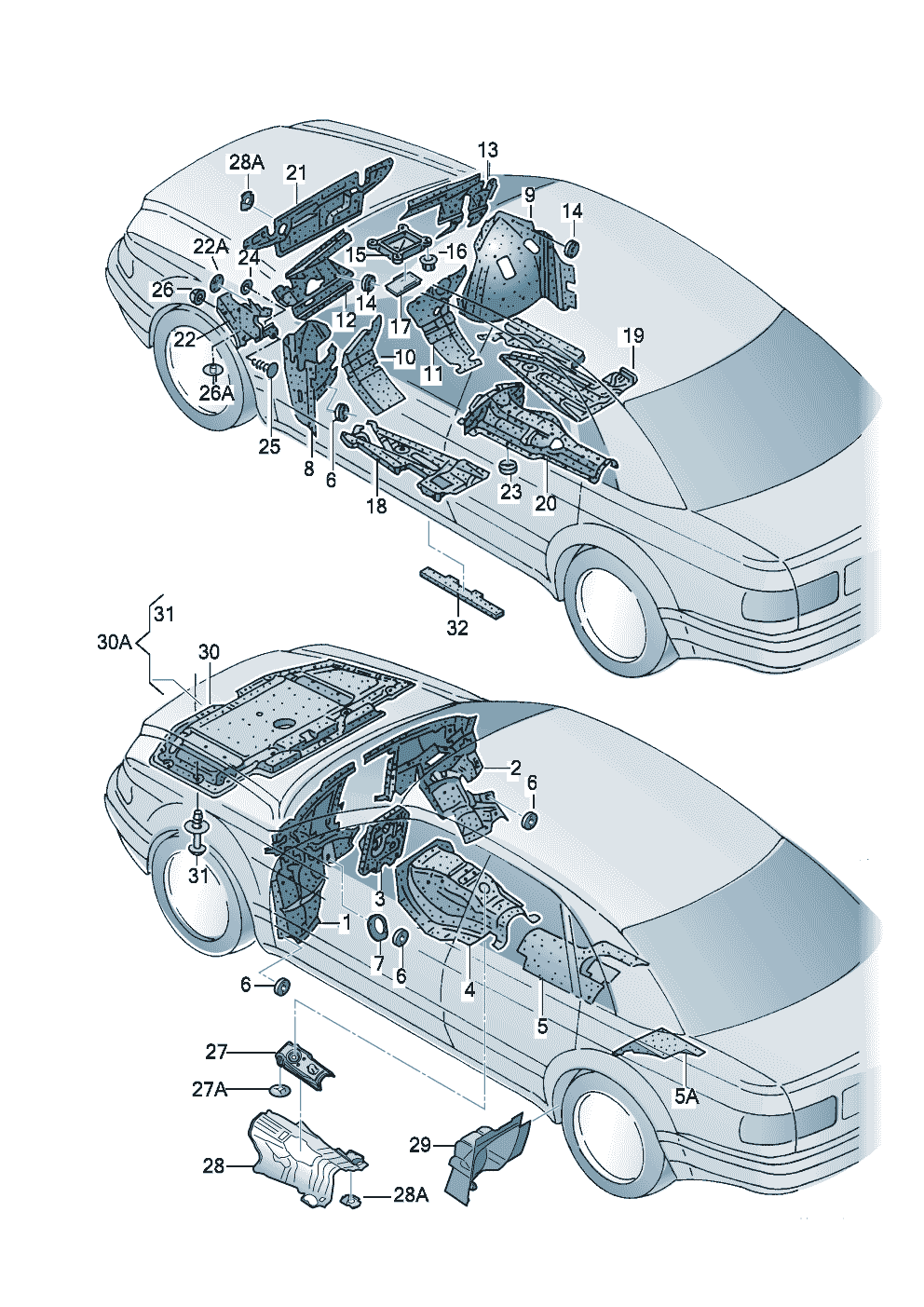 Dämpfung für Boden, Querwand<br>und TunnelDämpfung für Klappe  - Audi A8 - a8