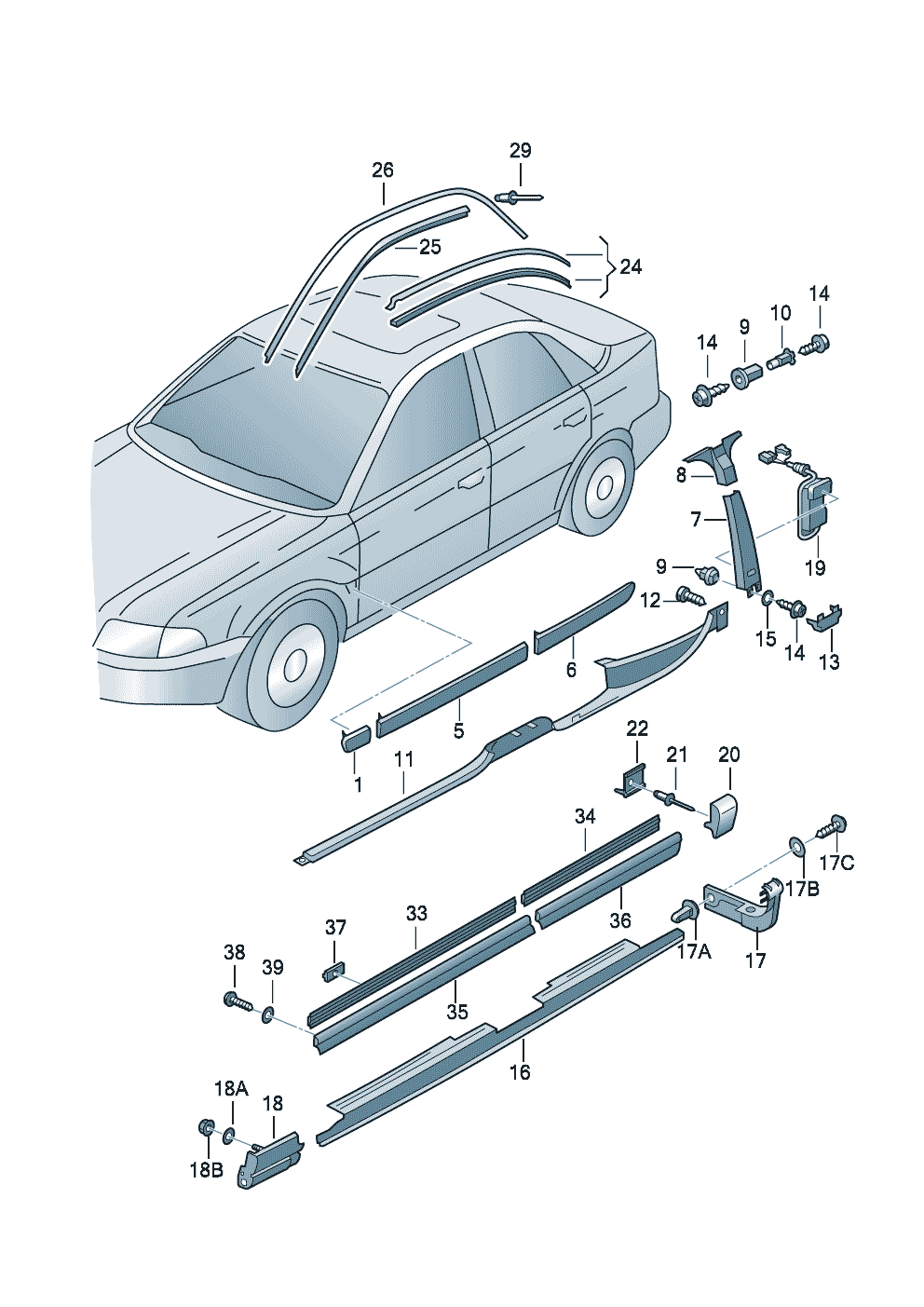 Декор. накладки и облицовки<br>для крыльев, дверей и<br>боковиныНакладка порогаМолдинг крыши  - Audi A4/Avant - a4