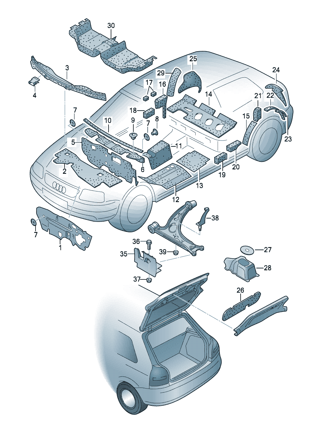 demping voor bodem,<br>schutbord en tunneldemping voor waterkast  - Audi A3/S3/Sportb./Lim./qu. - a3