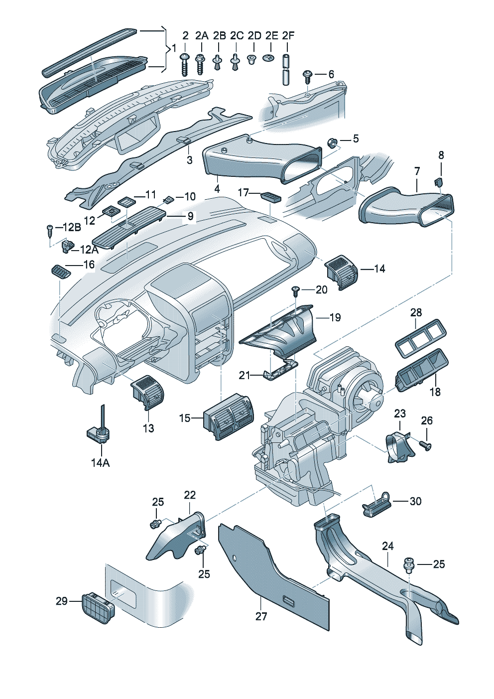 Возд. канал для обог. простр.<br>для ног, возд. шланги и дефл.Водоотводящий щиток  - Audi A2 - a2