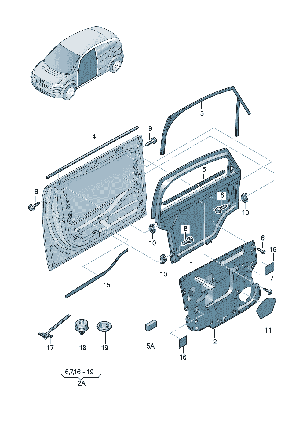 Element mocujący dla części<br>drzwi z ramką szyby drzwiowej przod - Audi A2 - a2
