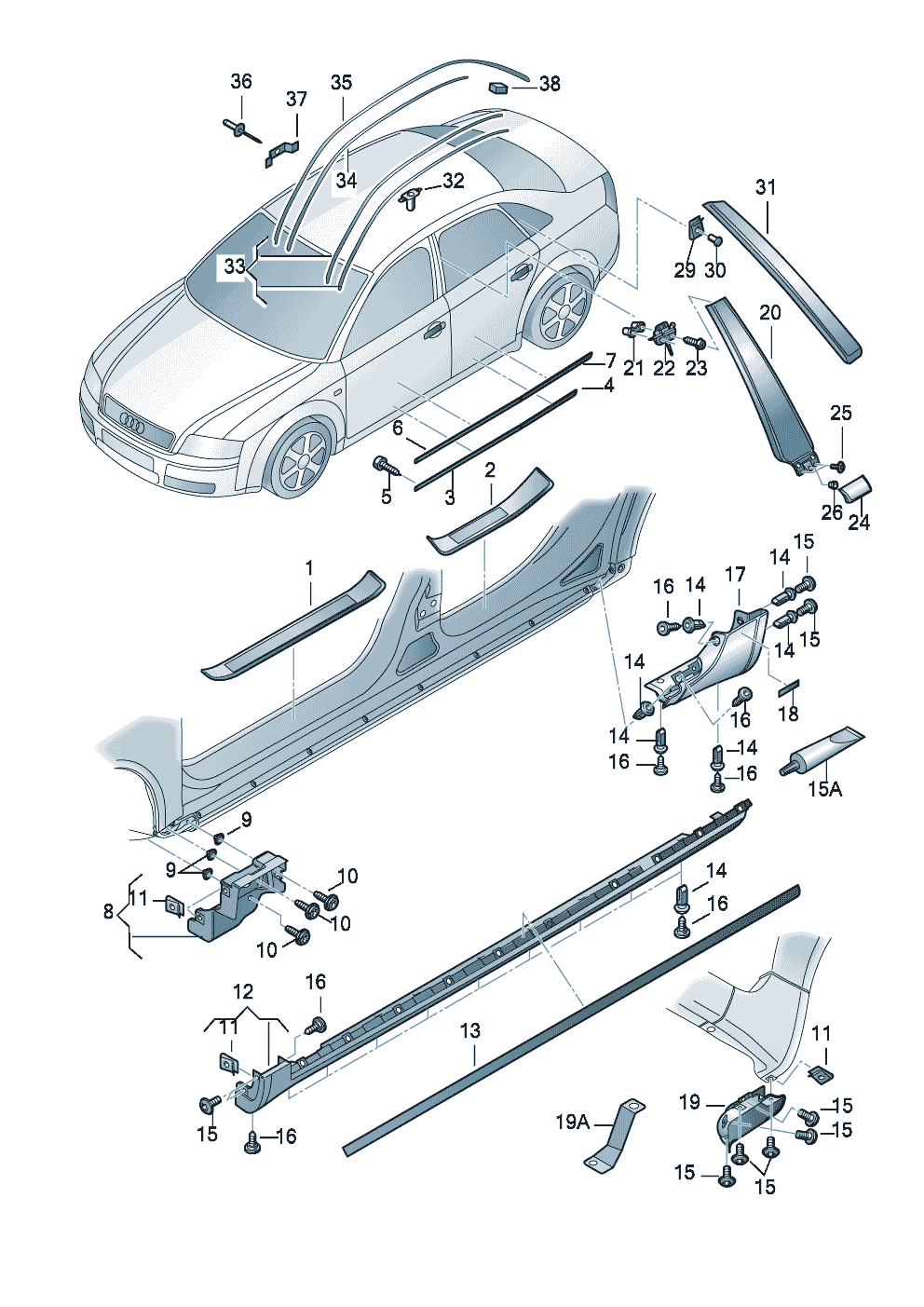Декор. накладки и облицовки<br>для крыльев, дверей и<br>боковиныНакладка порогаМолдинг крыши  - Audi A4/Avant - a4