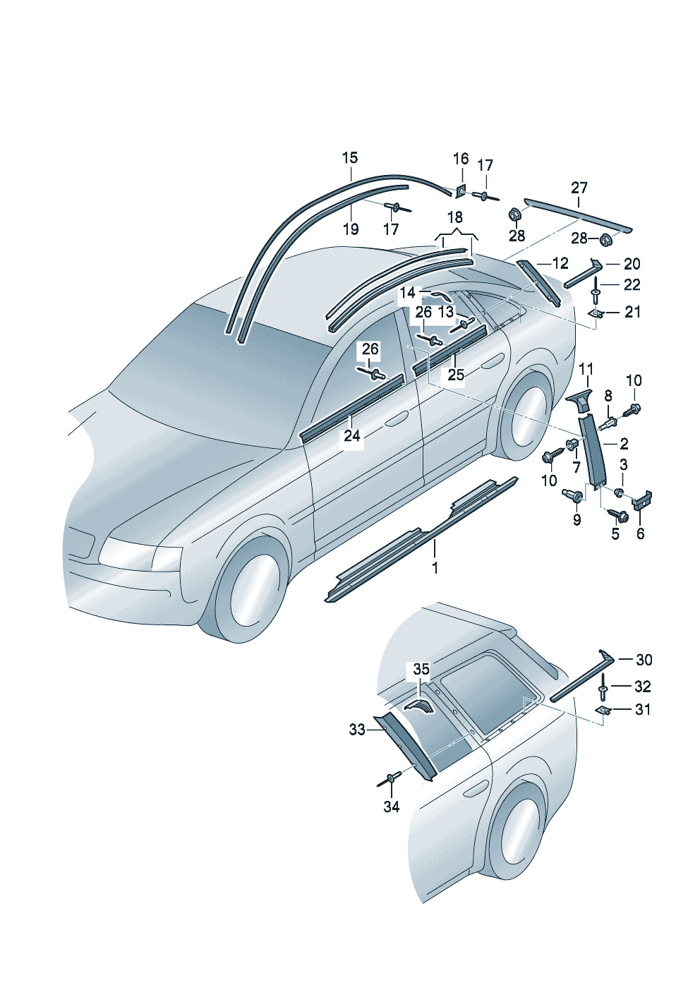 Sill trim striptrim covers - pillarsmolding - roofmoldings outer - Audi A6/Avant - a6