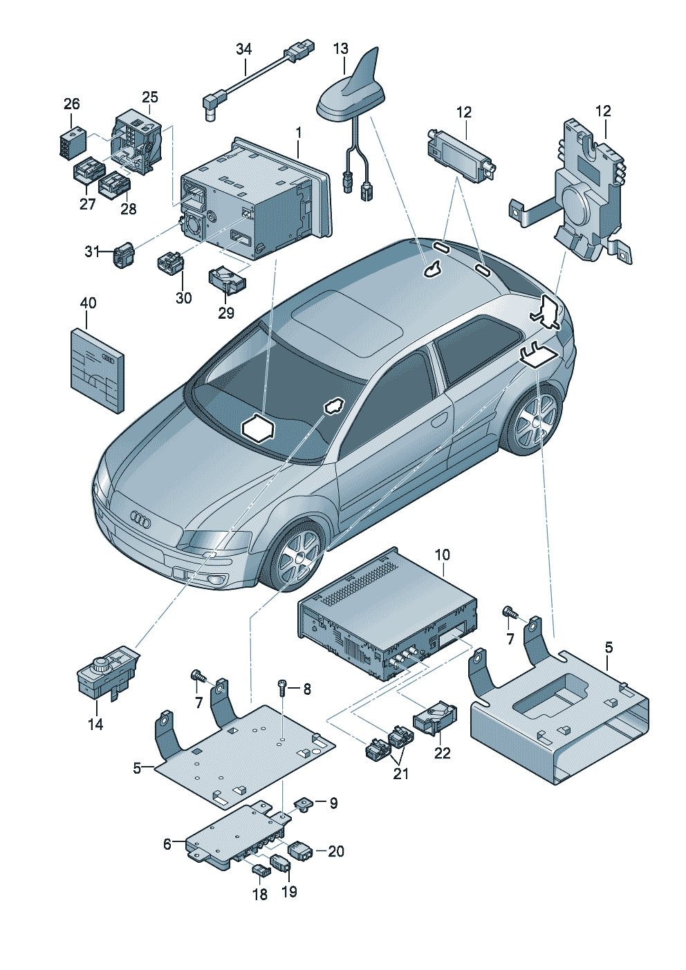 Elektrische Teile für<br>Navigationssystem      bei Bedarf mitverwenden:         beachte OT-Merkblatt:  4E0.010.530 (X-192) - Audi A3/S3/Sportb./Lim./qu. - a3