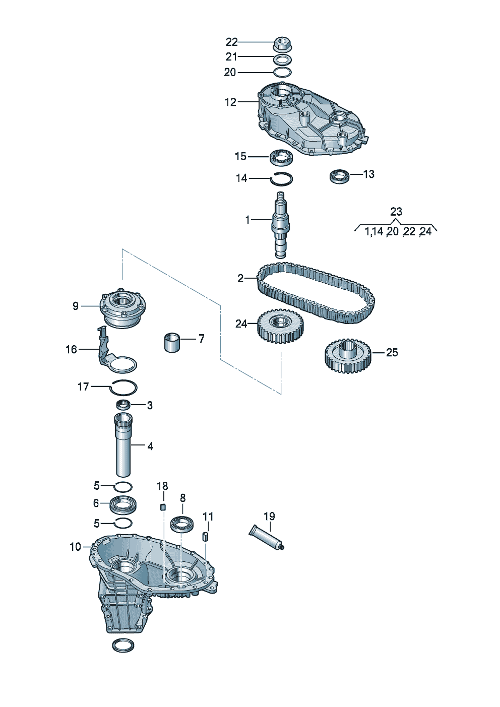 Chaine dentrainementarbres et pignonsp. boite-transfertp. boite mecanique 6 vit.     p. moteur:   l.-rep. bv: - Audi Q7 - aq7