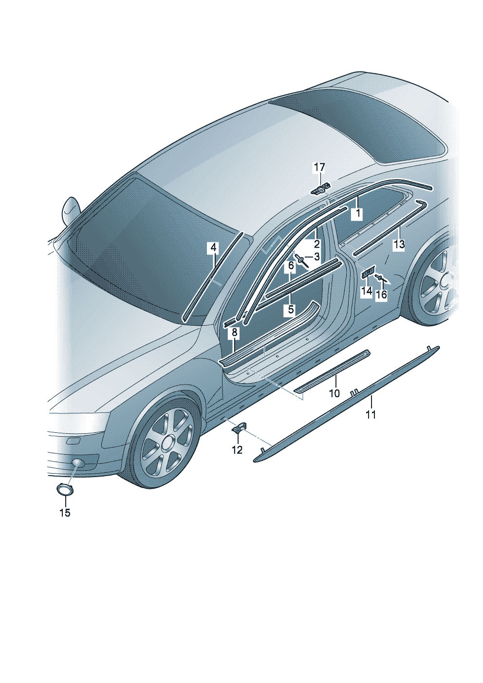 moulure de pavillonetanchement pertuis de porte<br>avec moulureEnjoliveur de seuil de porteprotection antigravillon  - Audi A5/S5 Coupe/Sportback - a5co