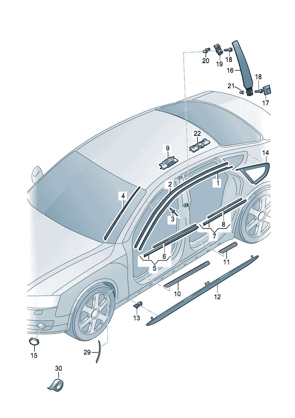 moulure de pavillonseparateur deauetanchement pertuis de porte<br>avec moulureEnjoliveur de seuil de porteprotection antigravillonecran p. montant b  - Audi A5/S5 Coupe/Sportback - a5co
