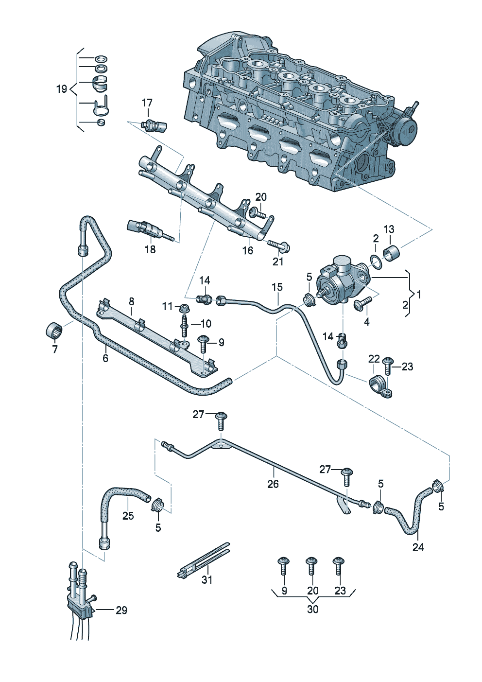 Fuel pump<br>Fuel rail<br>Injection valve<br> D - 11.05.2009>> 1.8ltr. - Audi A3 Cabriolet - a3ca