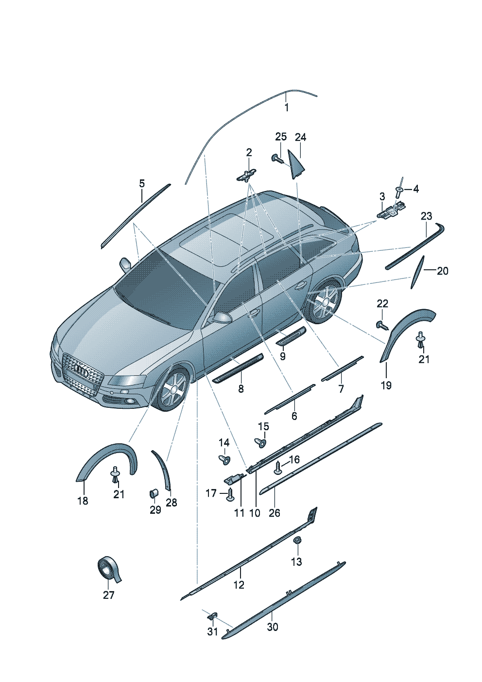 molding - roof<br>window slot seal with<br>trim strip<br>Sill trim strip<br>Side member trim<br> D -    MJ 2013>>  - Audi A4 allroad quattro - a4ar