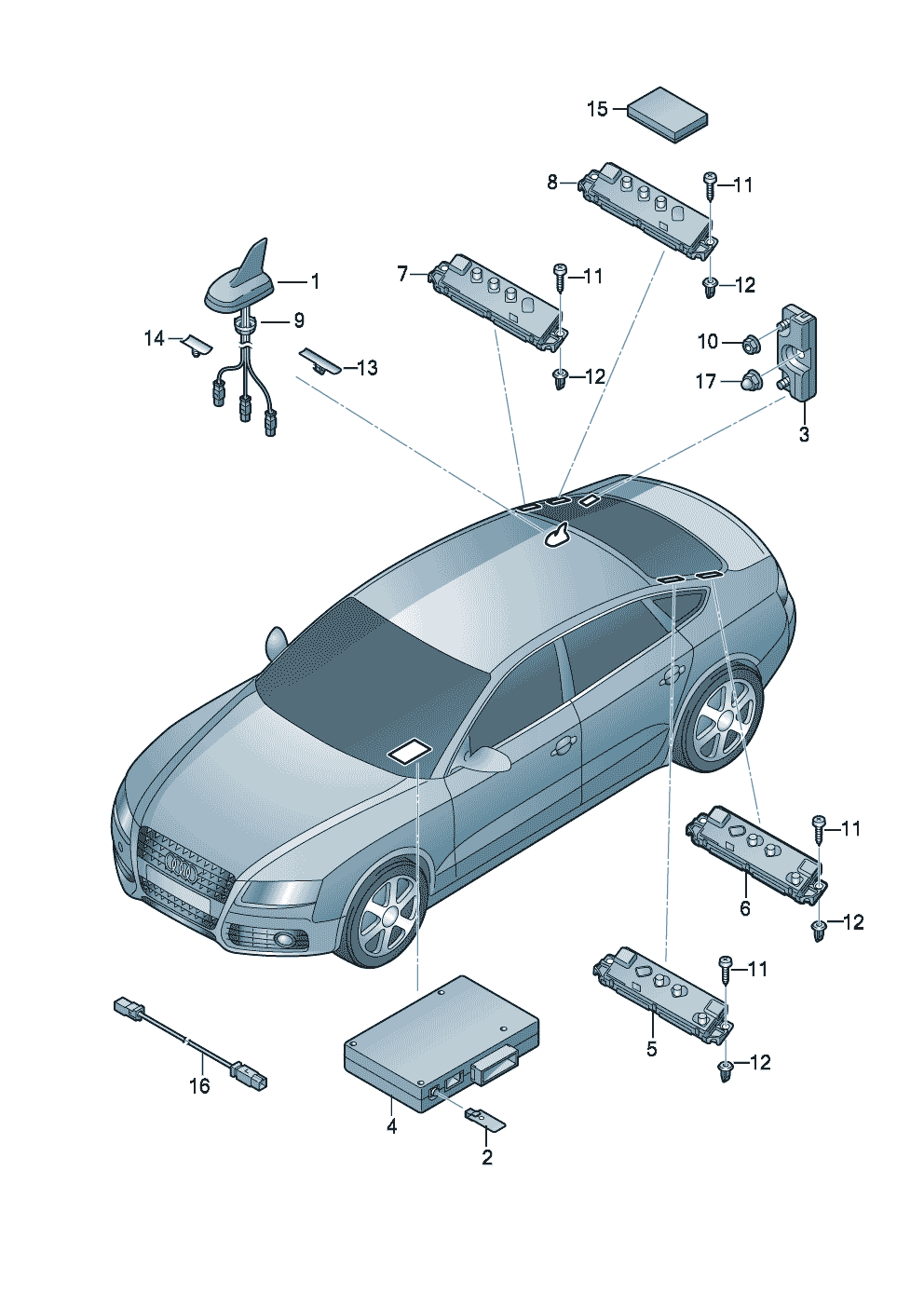 Elementy mocujące<br>wzmacniacz antenowy 4-drzwiowy - Audi A5/S5 Coupe/Sportback - a5co