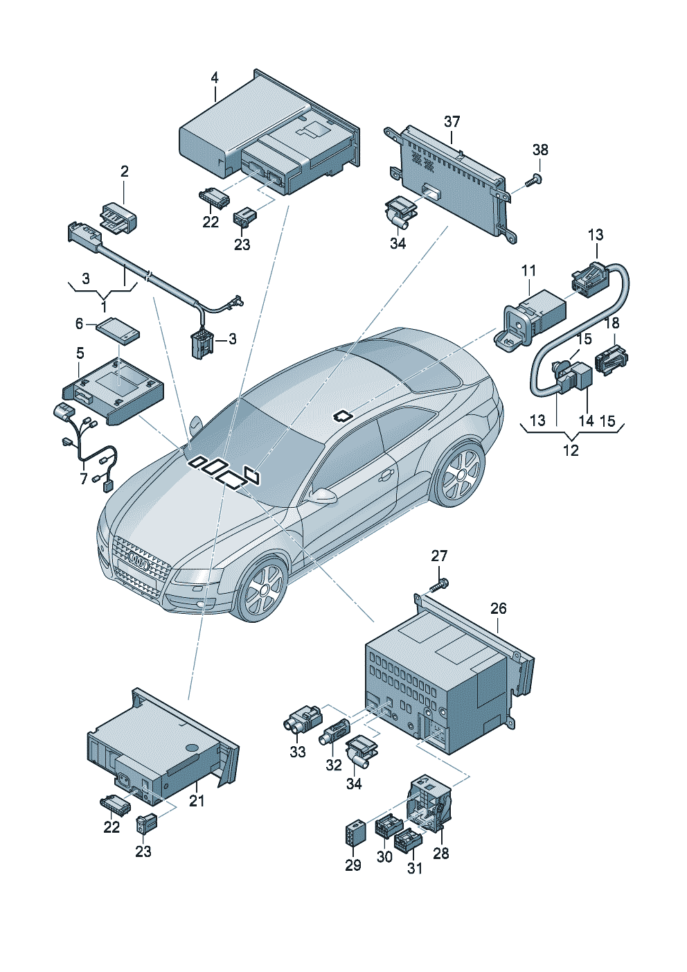 Anschluss für externe<br>AudioquellenCD-WechslerAnzeige- und Bedieneinheitfür Fahrzeuge mit Autoradio  - Audi A5/S5 Cabriolet - a5ca