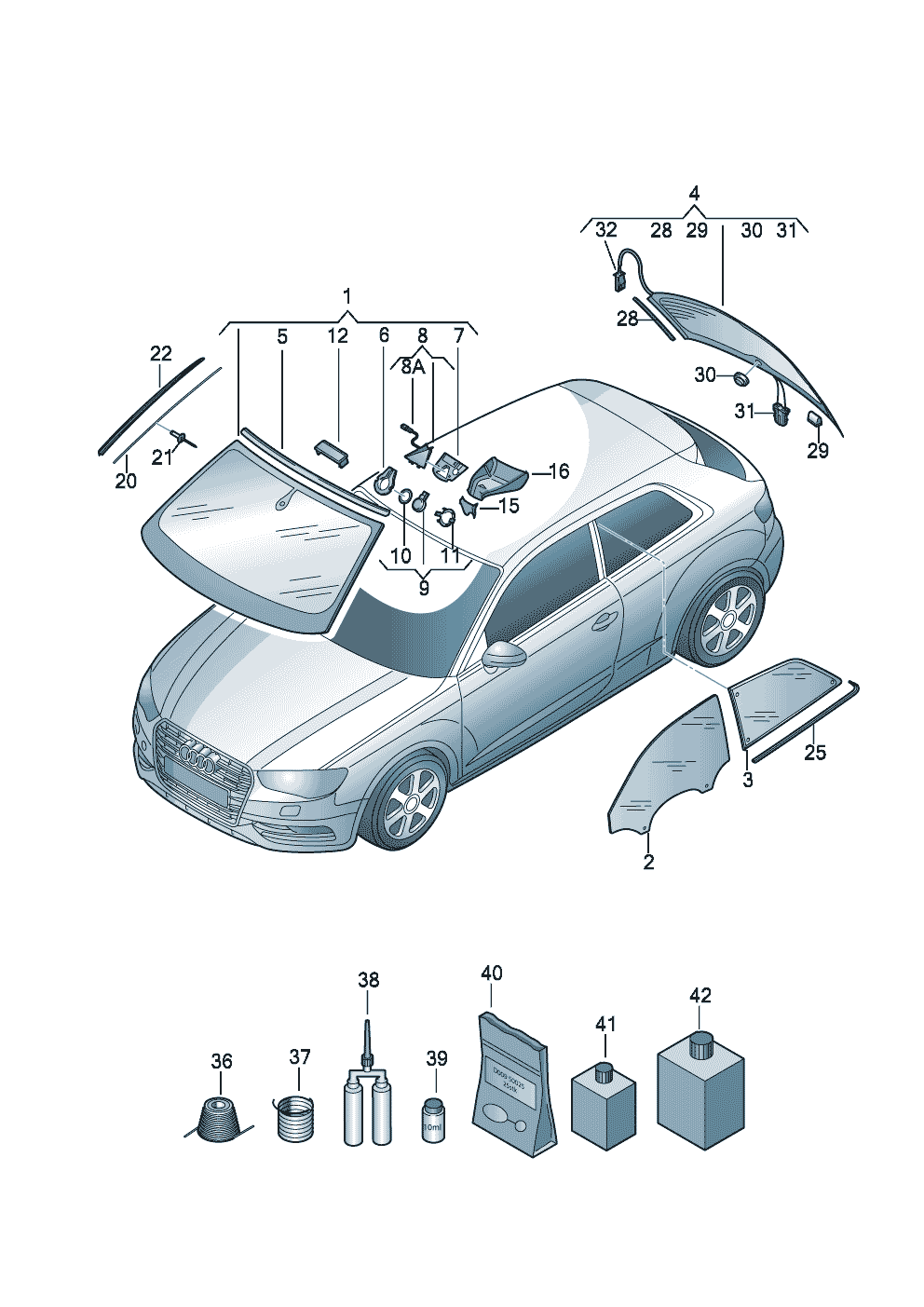 Sostituzione cristalliMateriale da incoll. e tenuta  - Audi A3/S3/Sportb./Lim./qu. - a3