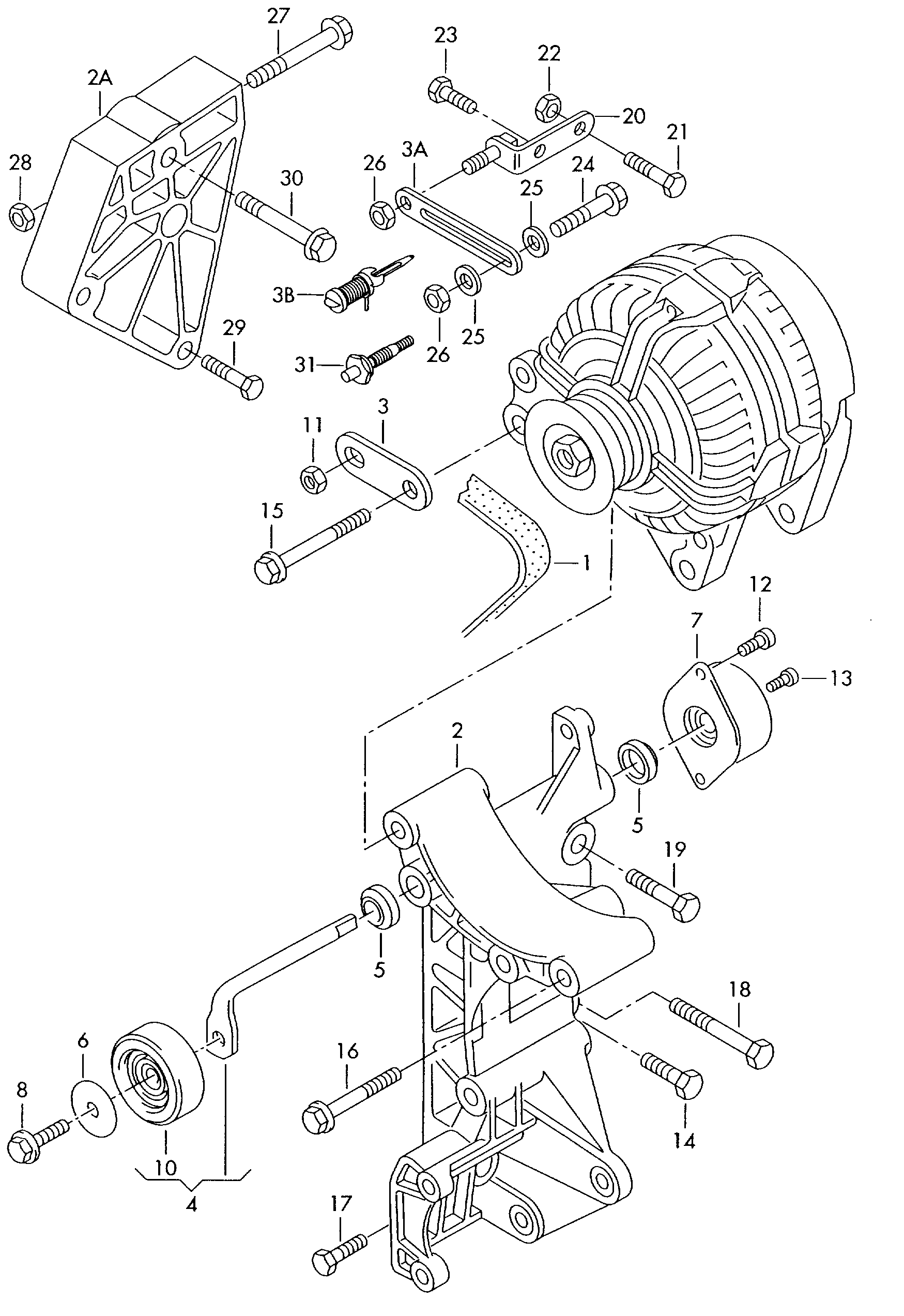 connecting and mounting parts<br>for alternatorPoly-V-belt 1.0 Ltr. - Fabia - fab