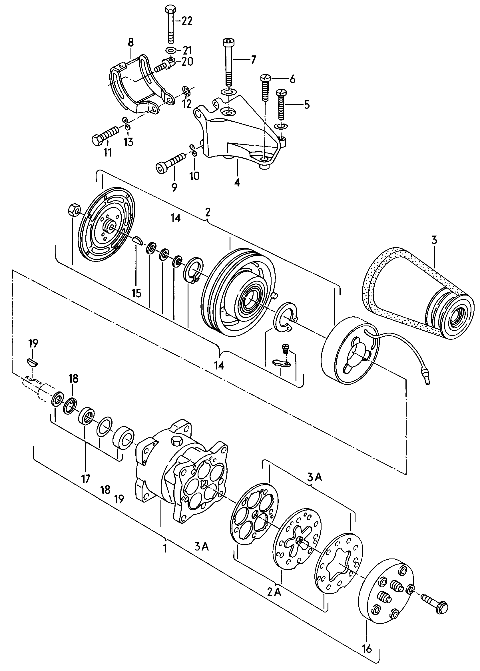 A/C compressor<br>connecting and mounting parts<br>for compressor<br> F 24-E-000 001>> 24-F-175 000  - Vanagon - va