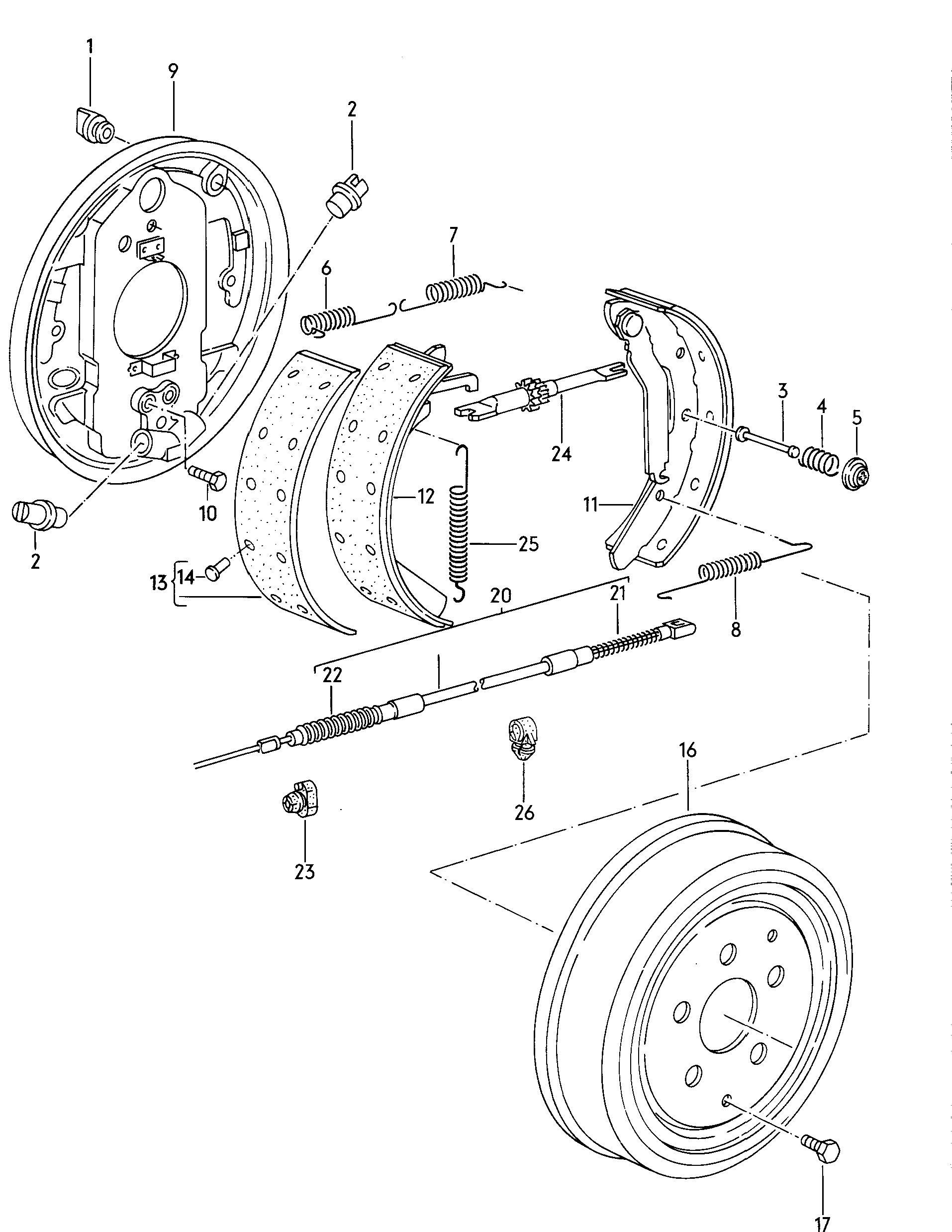 Тормозный щитТормозная колодка с накладкойТрос тормозаТормозной барабан задн. - Typ 2/syncro - t2