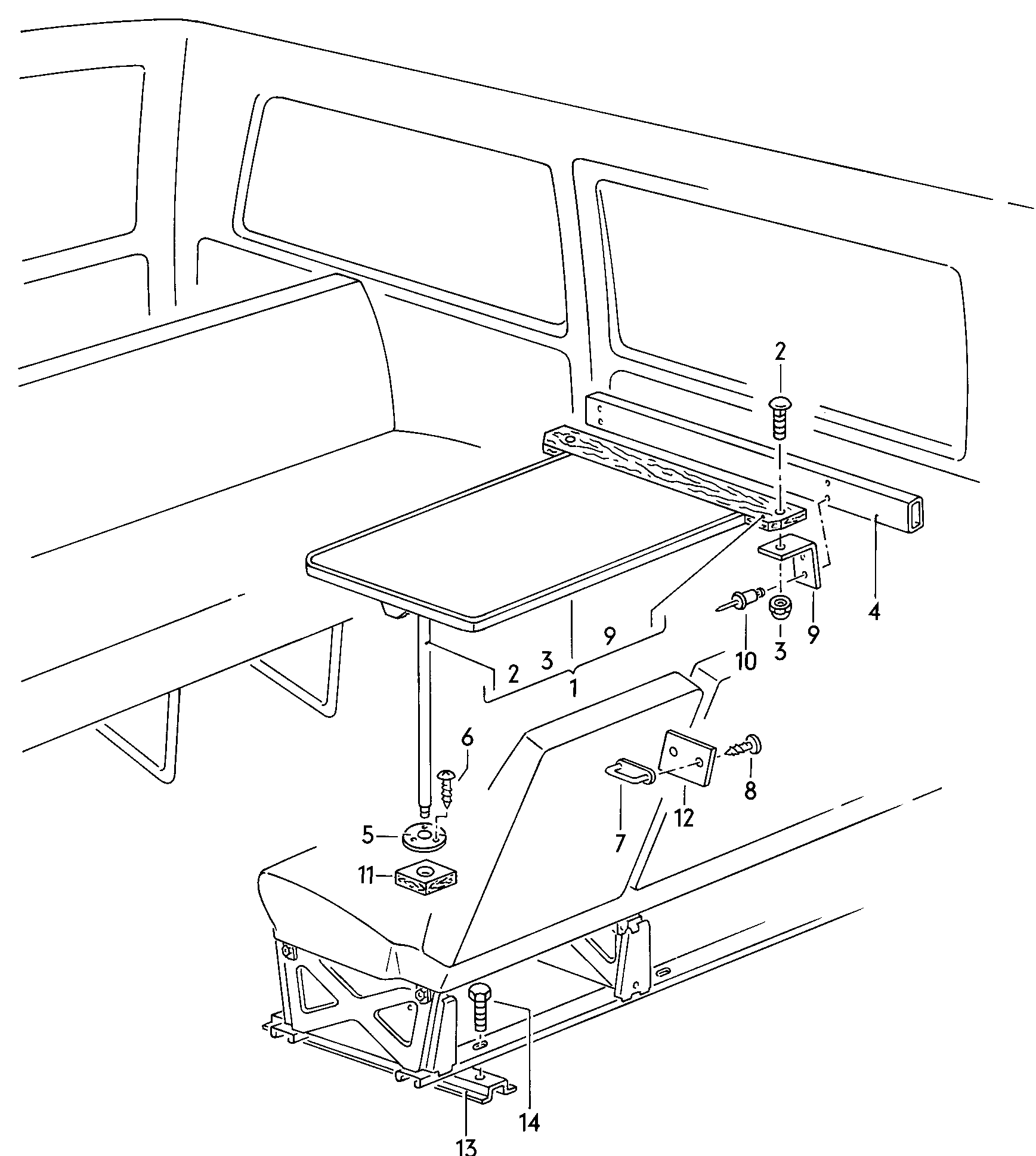 folding table and front<br>bench seat mounting in<br>passenger compartment  - Typ 2/syncro - t2