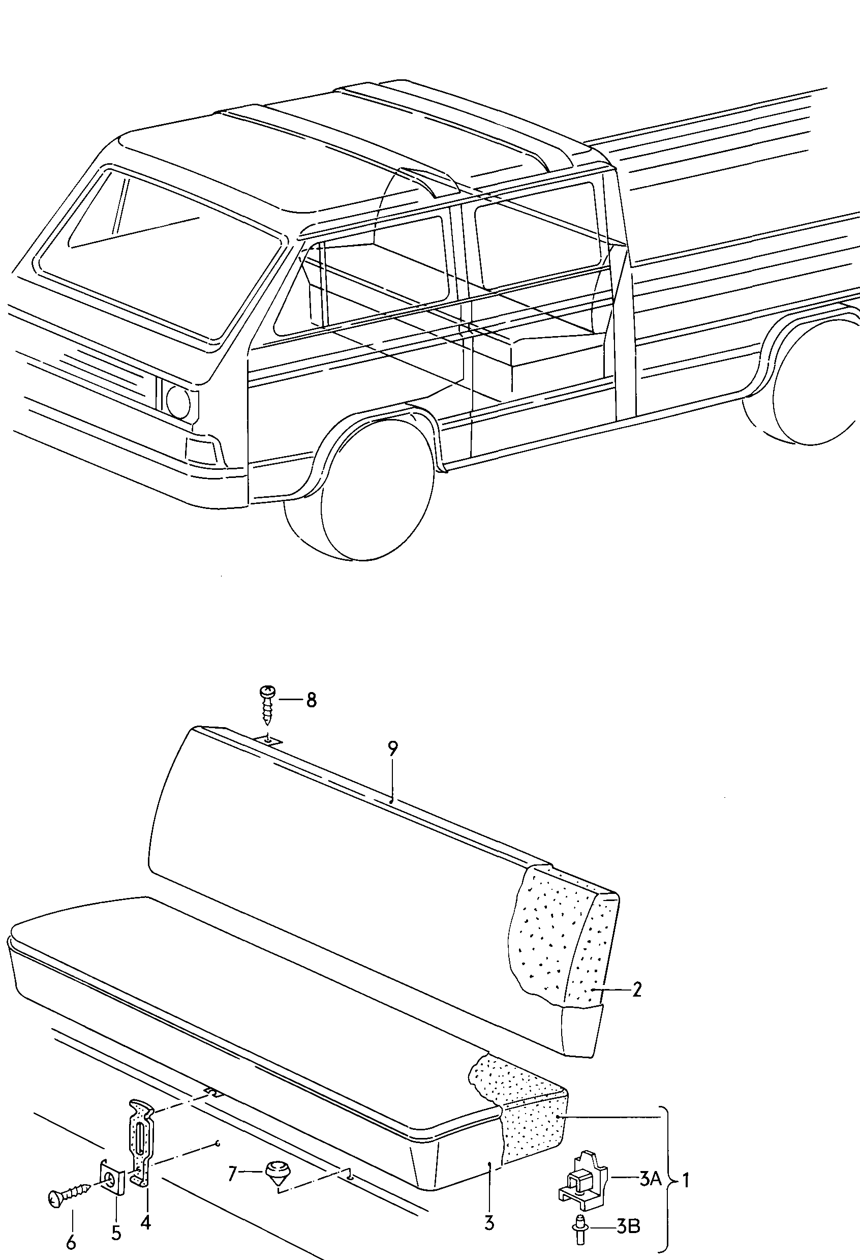Sitz und Rückenlehne in<br>Fahrgastraum-Doppelkabine  - Typ 2/syncro - t2