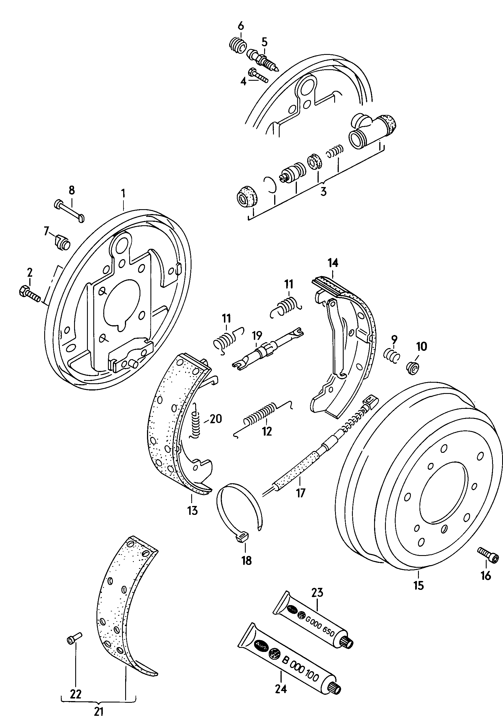 Frein a tambour<br>pour pneumatiques simples<br>plateau de frein<br>cylindre recepteur<br>segment frein avec garniture<br>cable de frein<br> F             >> 29-M-009 906 ar<br> 250X55 - LT, LT 4x4 - lt