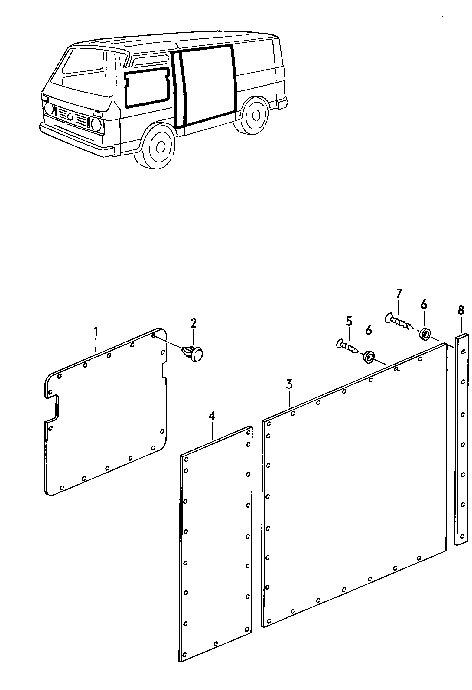 Revestimiento lateral<br>(placa de fibras de madera) delanterofurgonkombi - LT, LT 4x4 - lt