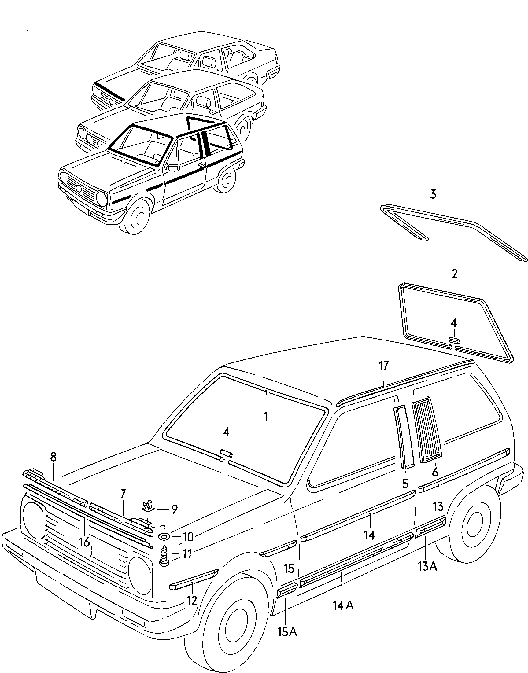 listwa ozdobna szyby przedniej<br>i tylnej, pokrywa silnika,<br>blotnik, czesc boczna i dach<br>   - Polo/Derby/Vento-IND - po