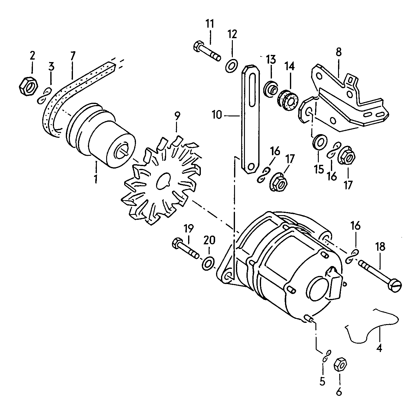 elementy polaczeniowe i<br>mocujace alternatora<br> F             >> 53-E-013 385  - Scirocco - sci