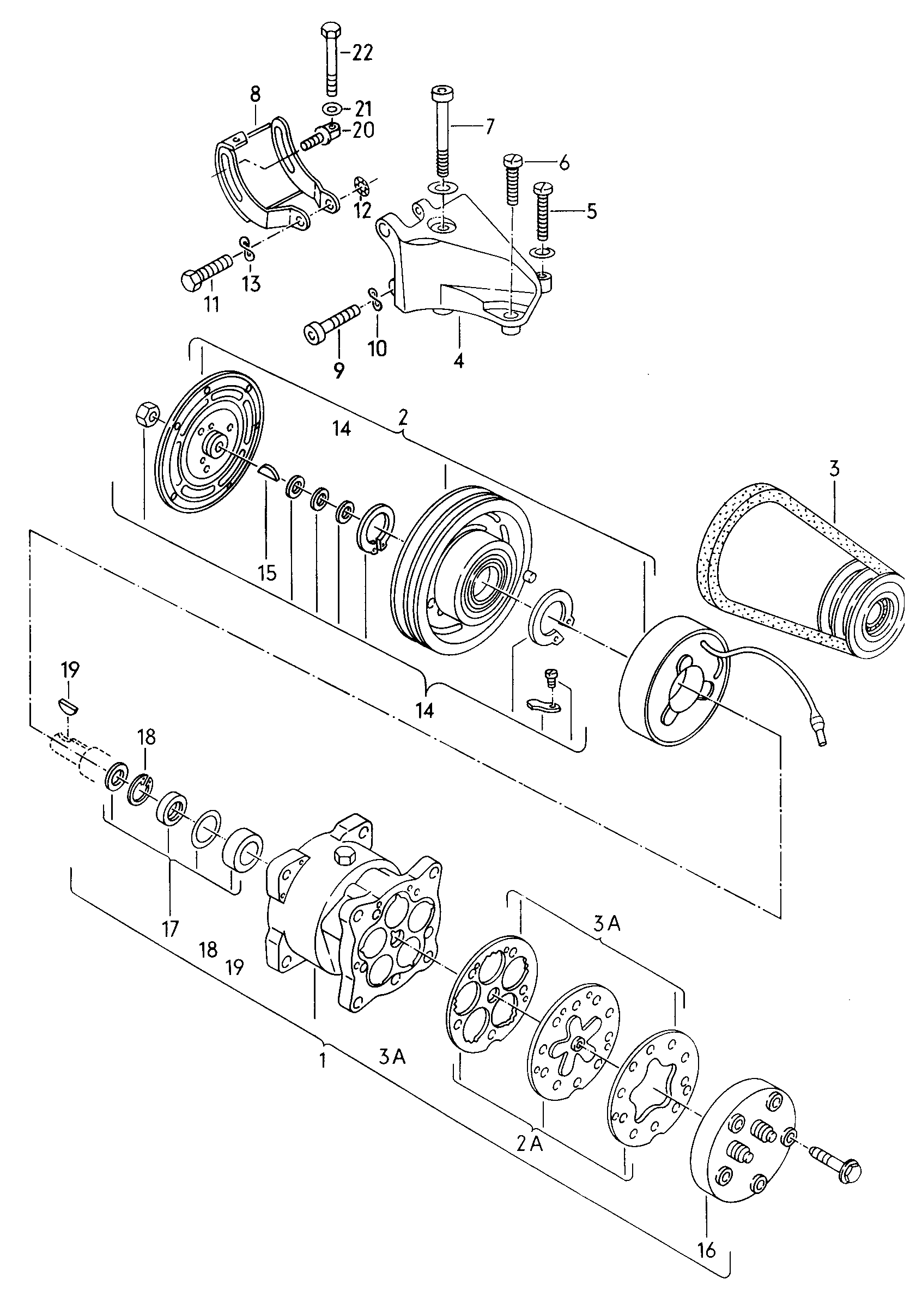 A/C compressor<br>connecting and mounting parts<br>for compressor<br> F 24-G-000 001>> 24-G-026 691<br/>  - Typ 2/syncro - t2