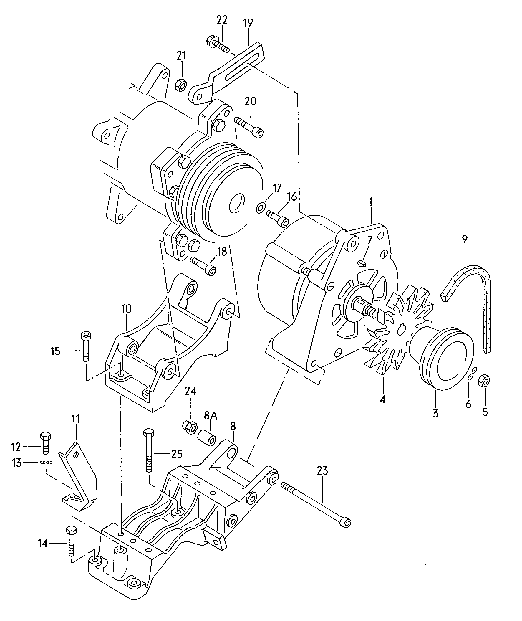 mounting parts for<br>alternatorfor vehicles with additional<br>hydraulic pump or A/C<br>compressor          BOSCH - Vanagon syncro - vasy