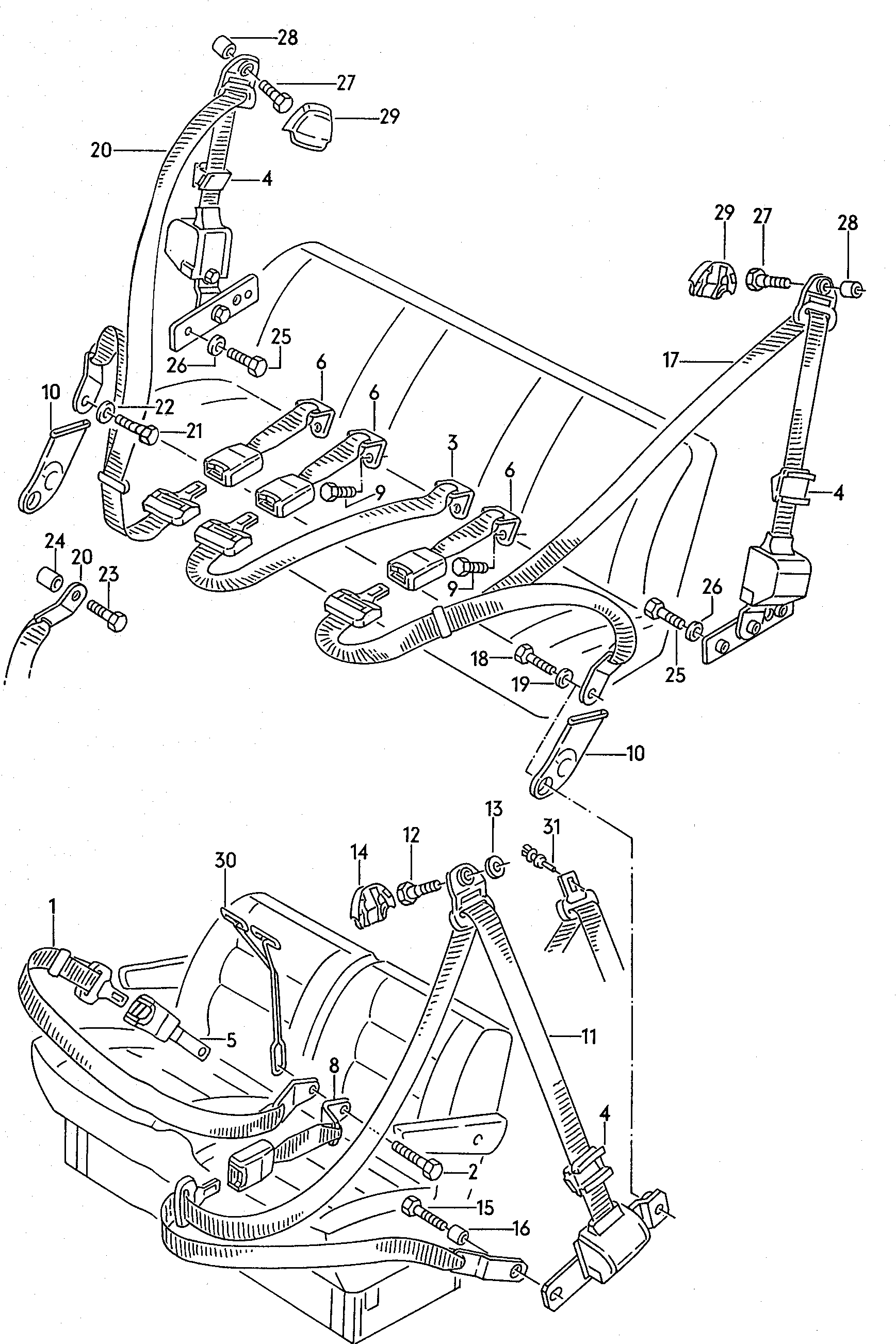three-point seat belt in<br>passenger compartmentLap beltfor vehicles with 3-seat<br>foldable bench seat, rear, and<br>2-seat, foldable backrest<br>for front bench seat  - Vanagon syncro - vasy