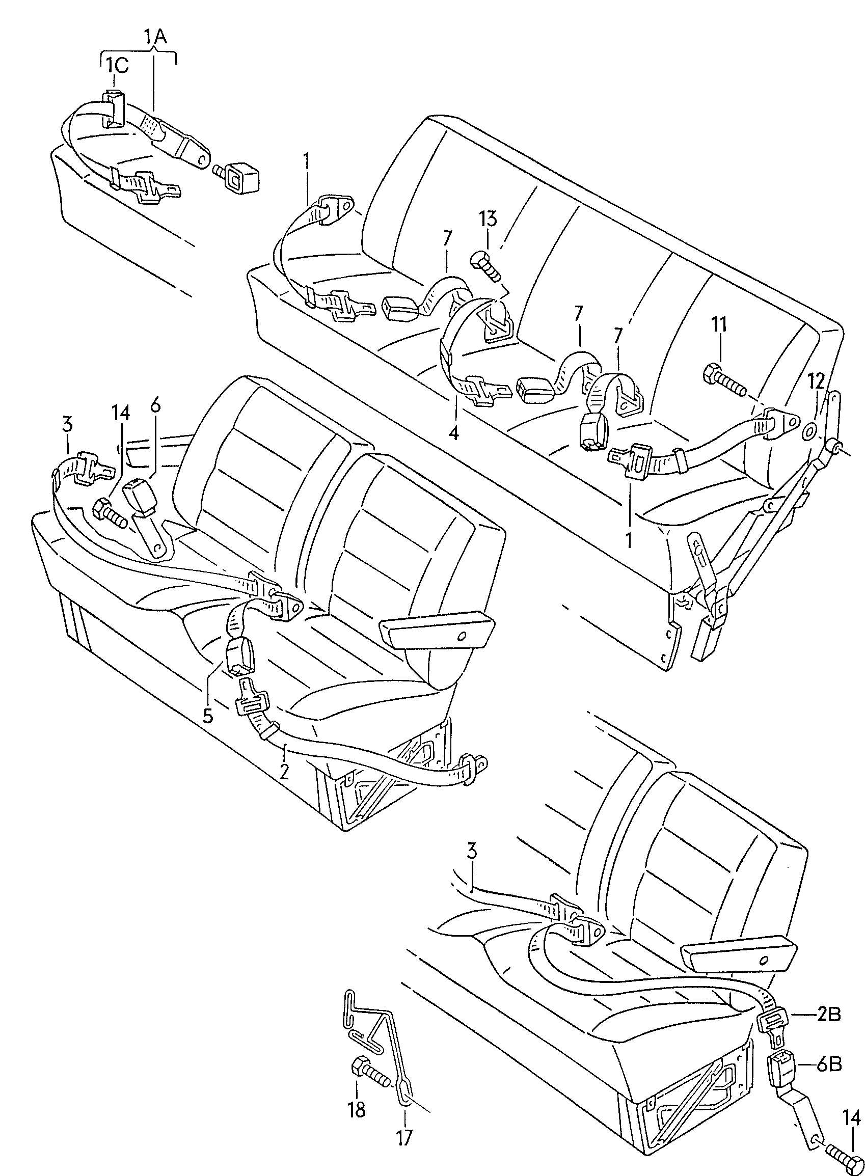 Heupgordel in passagiers-<br>ruimtevoor wagens met 3-zits<br>omklapbare zitbank achter en<br>2-zits omklapbare<br>zitbank voor  - Typ 2/syncro - t2