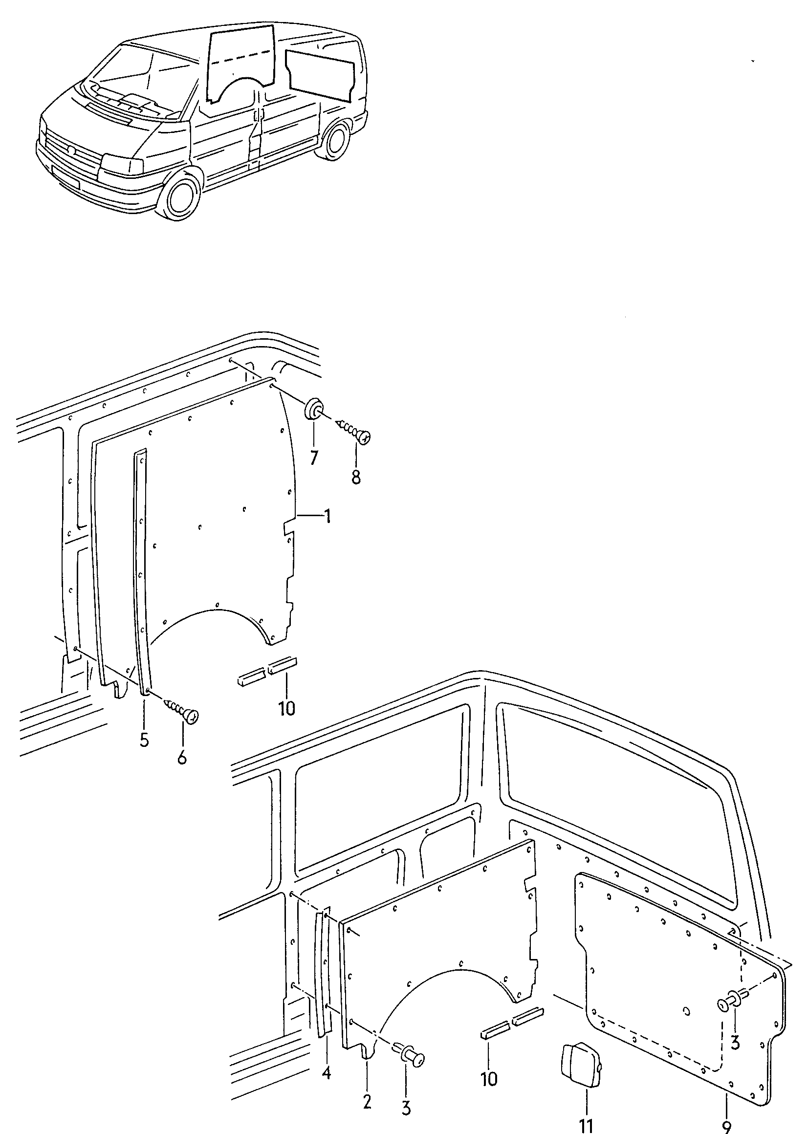 Revestimiento pared lateralguarnecido de porton posterior trasero - Transporter - tr