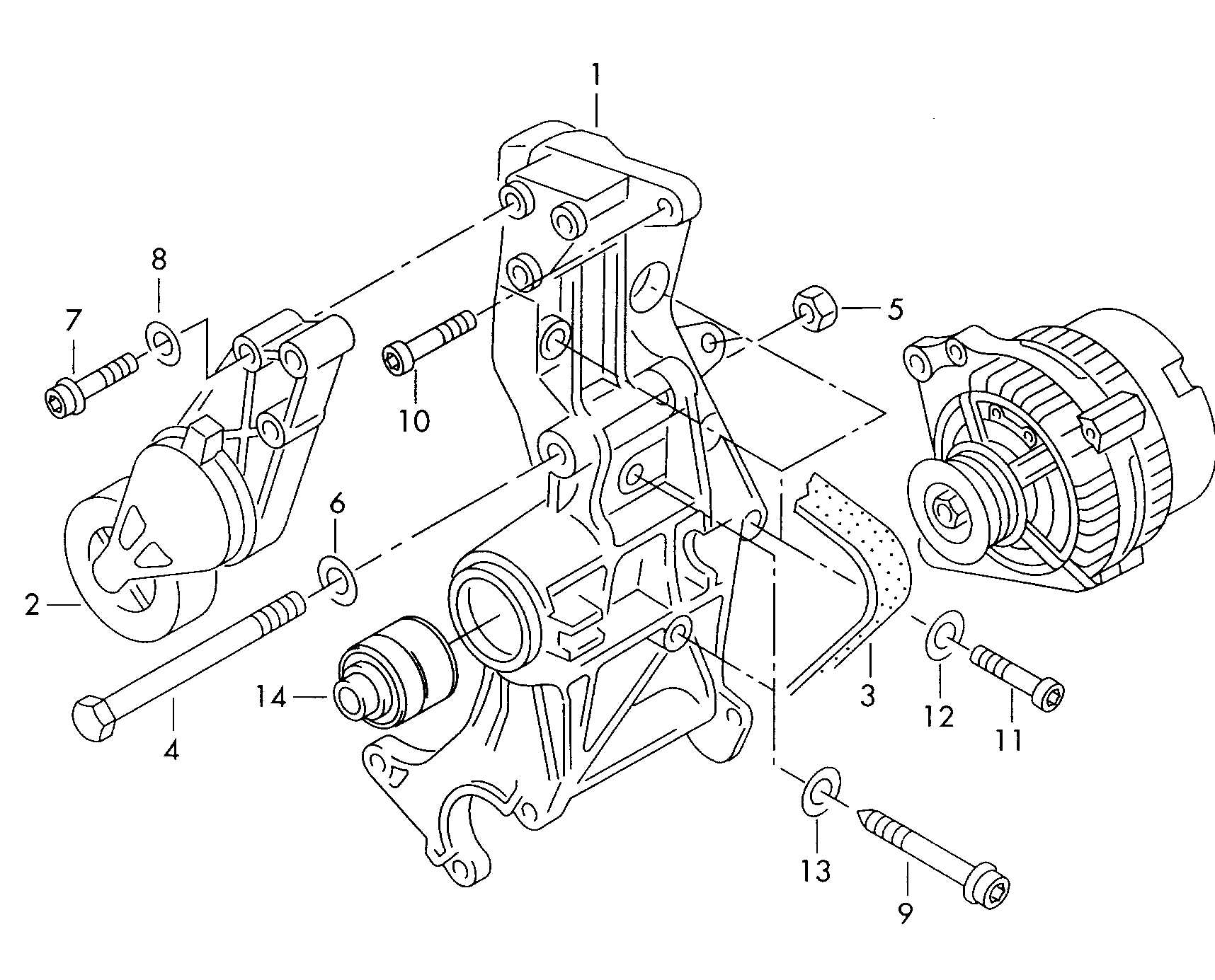 connecting and mounting parts<br>for alternatorPoly-V-belt 1.6-2.0 litres - Passat/Variant/Santana - pa