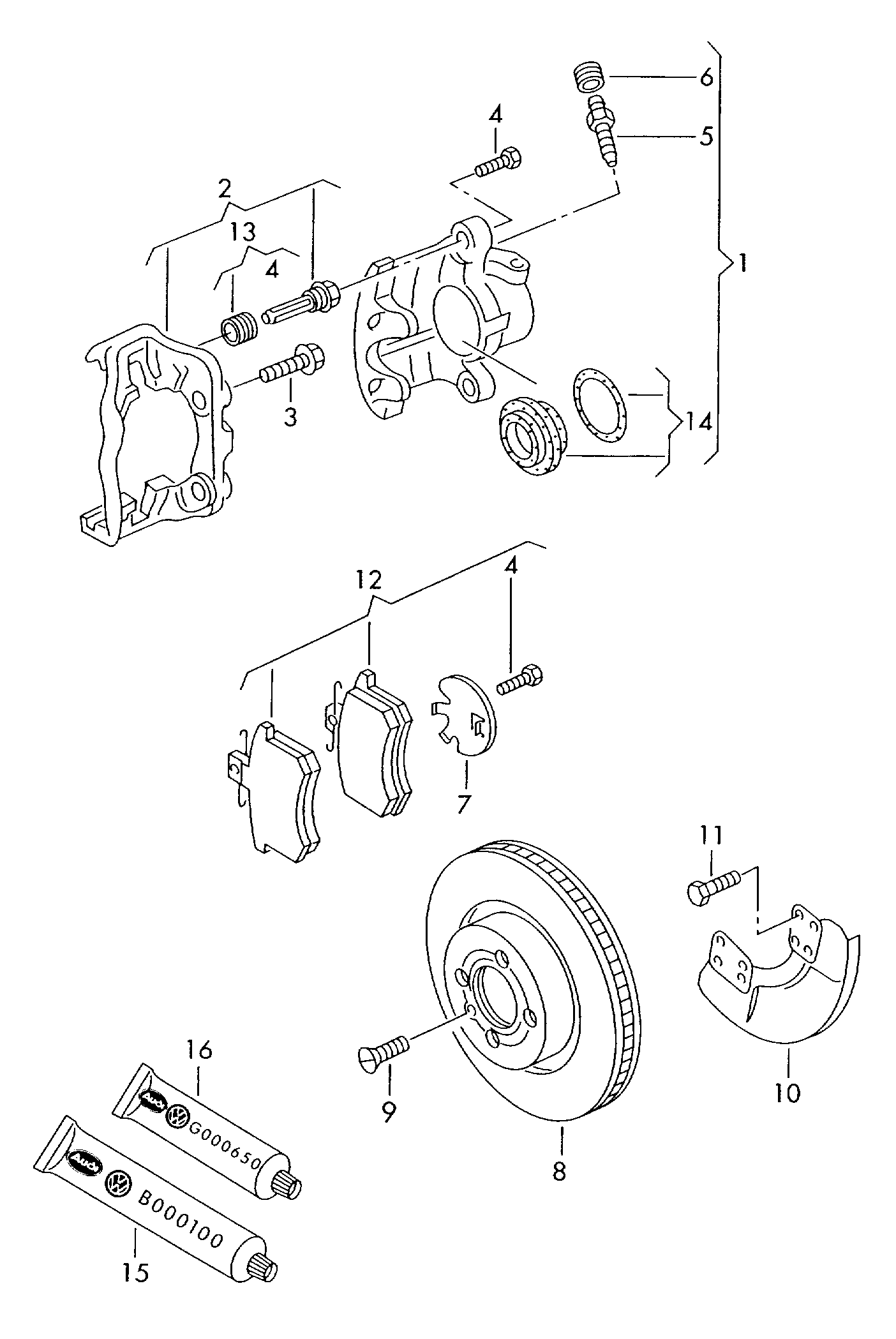 Floating caliper brake<br>Brake caliper housing<br>brake carrier with<br>pad retaining pin<br>Brake disc (vented)<br> F 6N-TW100 001>><br/> F 6N-TY200 001>><br/> F 6N-VW030 001>><br/> F 6N-VY050 001>><br/> F 6N-WW260 001>><br/> F 6N-WY280 001>><br/> front<br>          LUCAS 256X20MM 256X25MM - Polo/Derby/Vento-IND - po