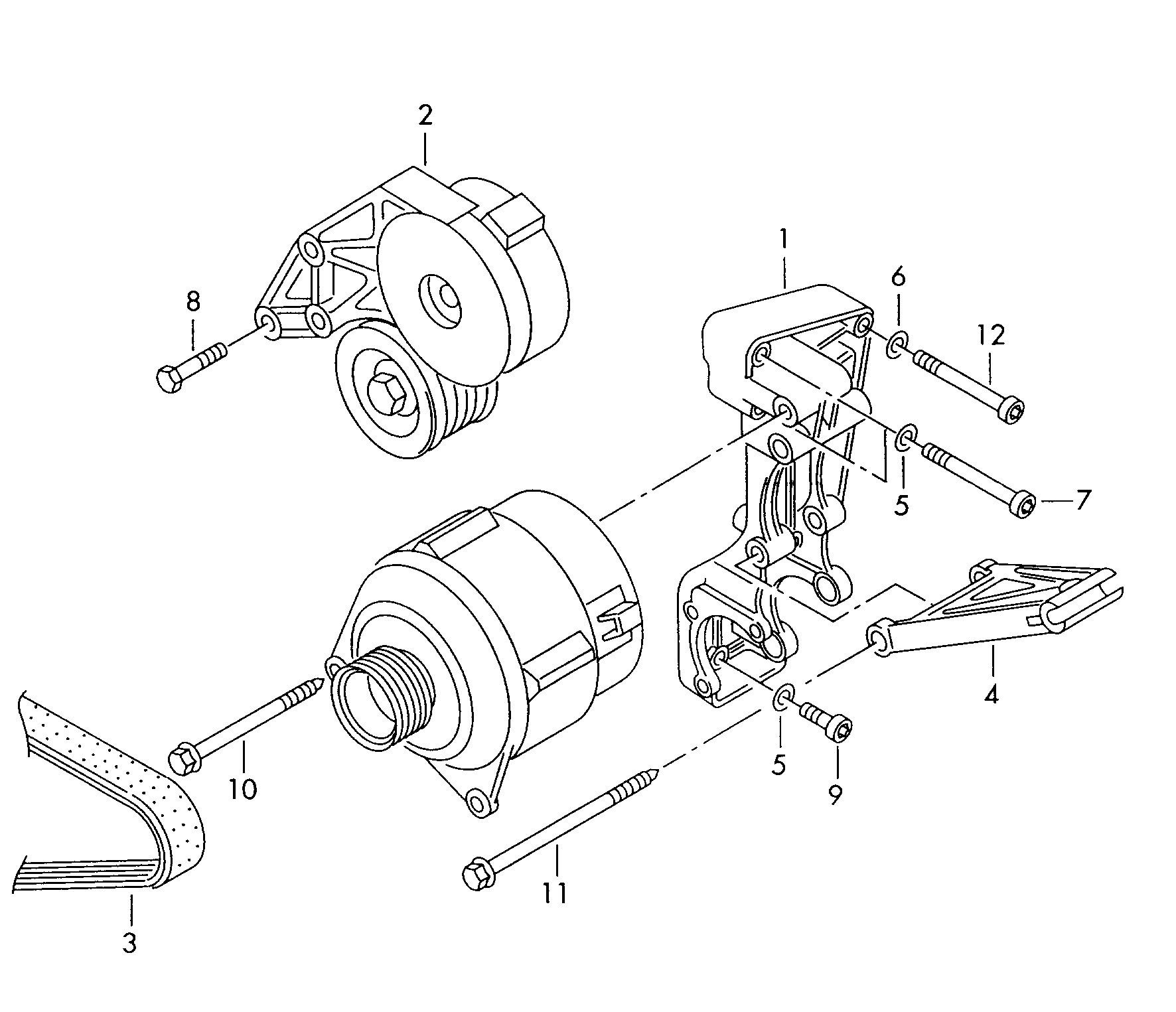 connecting and mounting parts<br>for alternatorPoly-V-belt 2.8 Ltr. - Transporter - tr