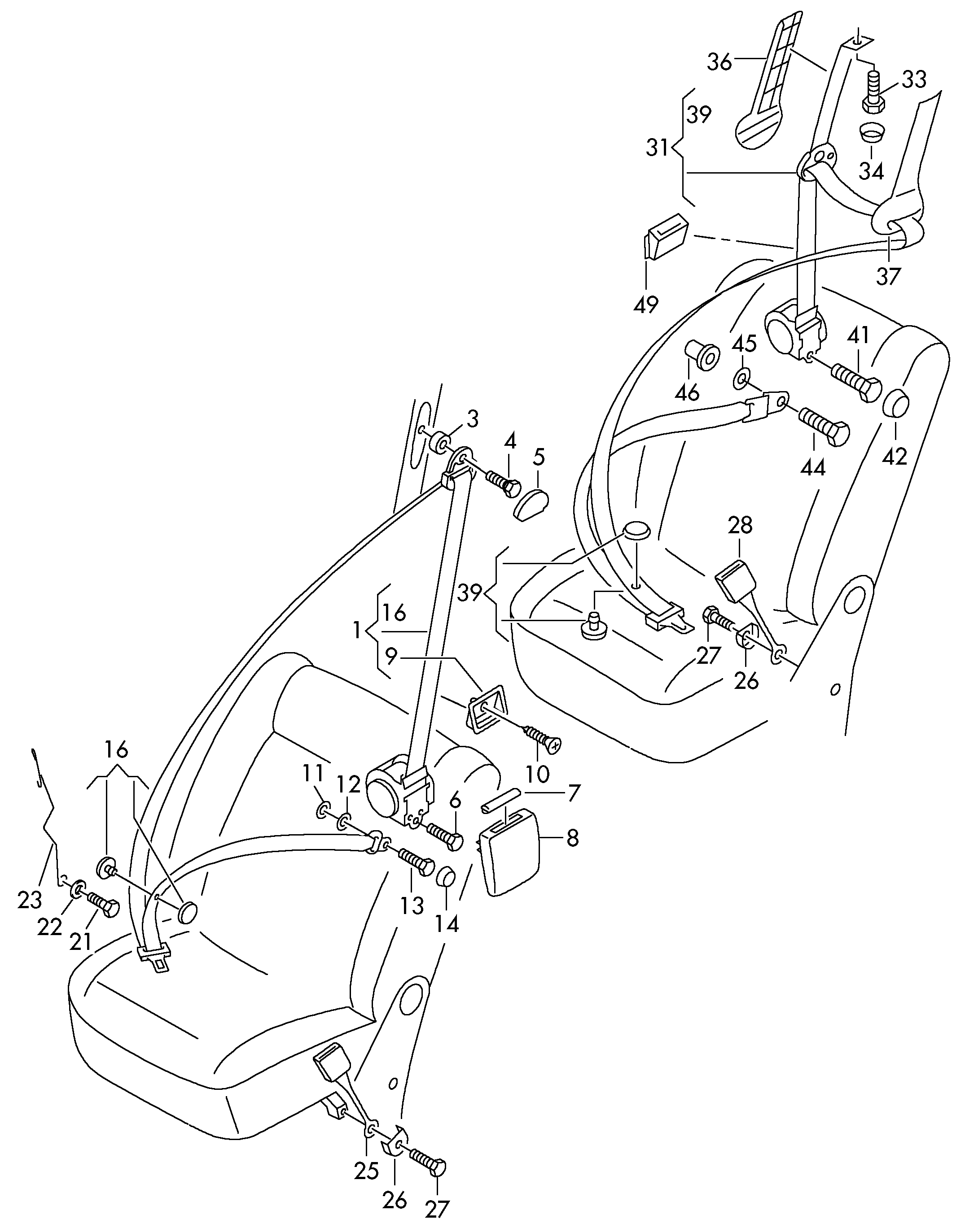 Three-point safety beltfor passenger compartementfor vehicle with individual<br>seats 2. seat bench - Transporter syncro - trsy