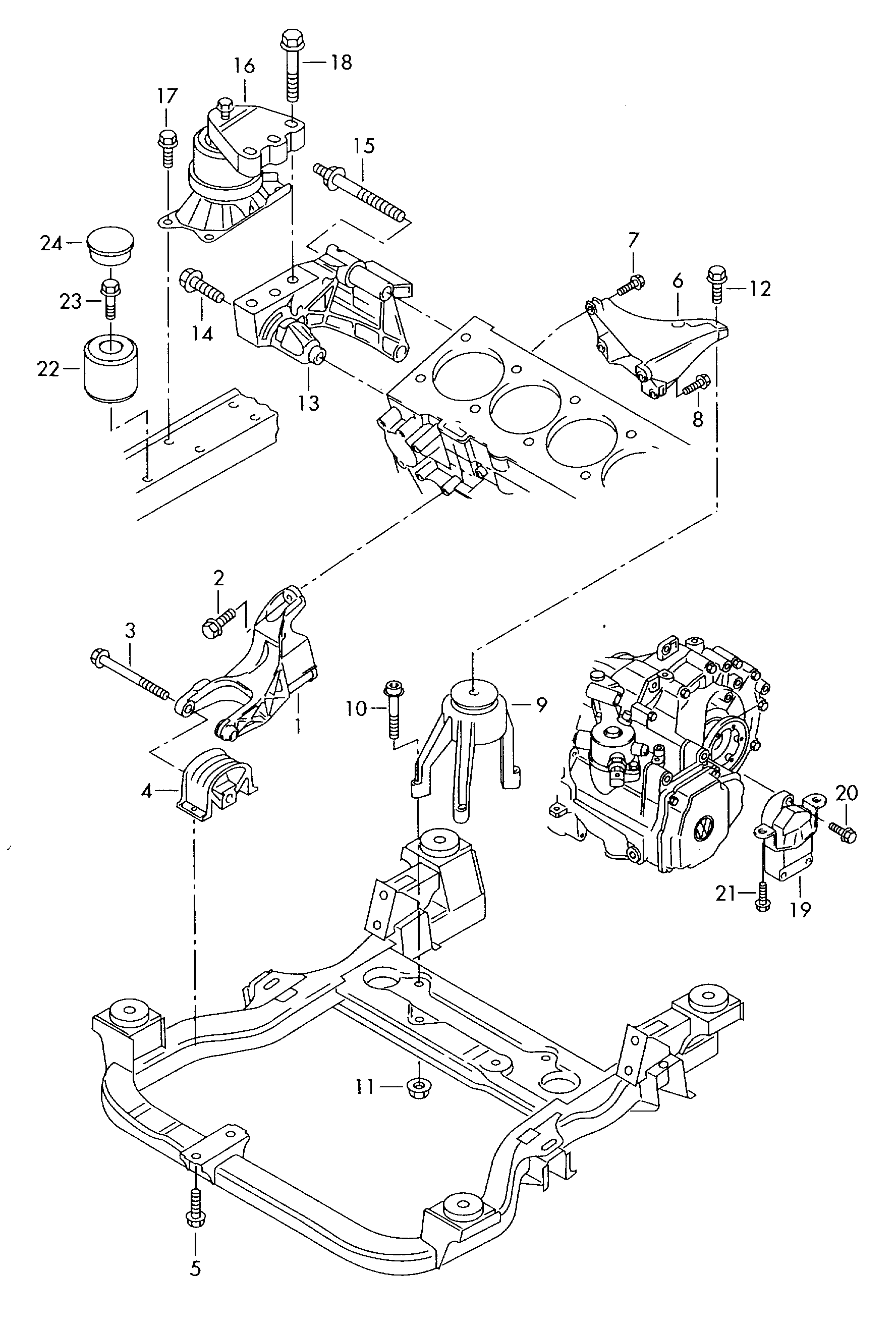 pieces de fixation p. moteur<br>et bv 1,9l2,0l3,2l - Transporter - tr