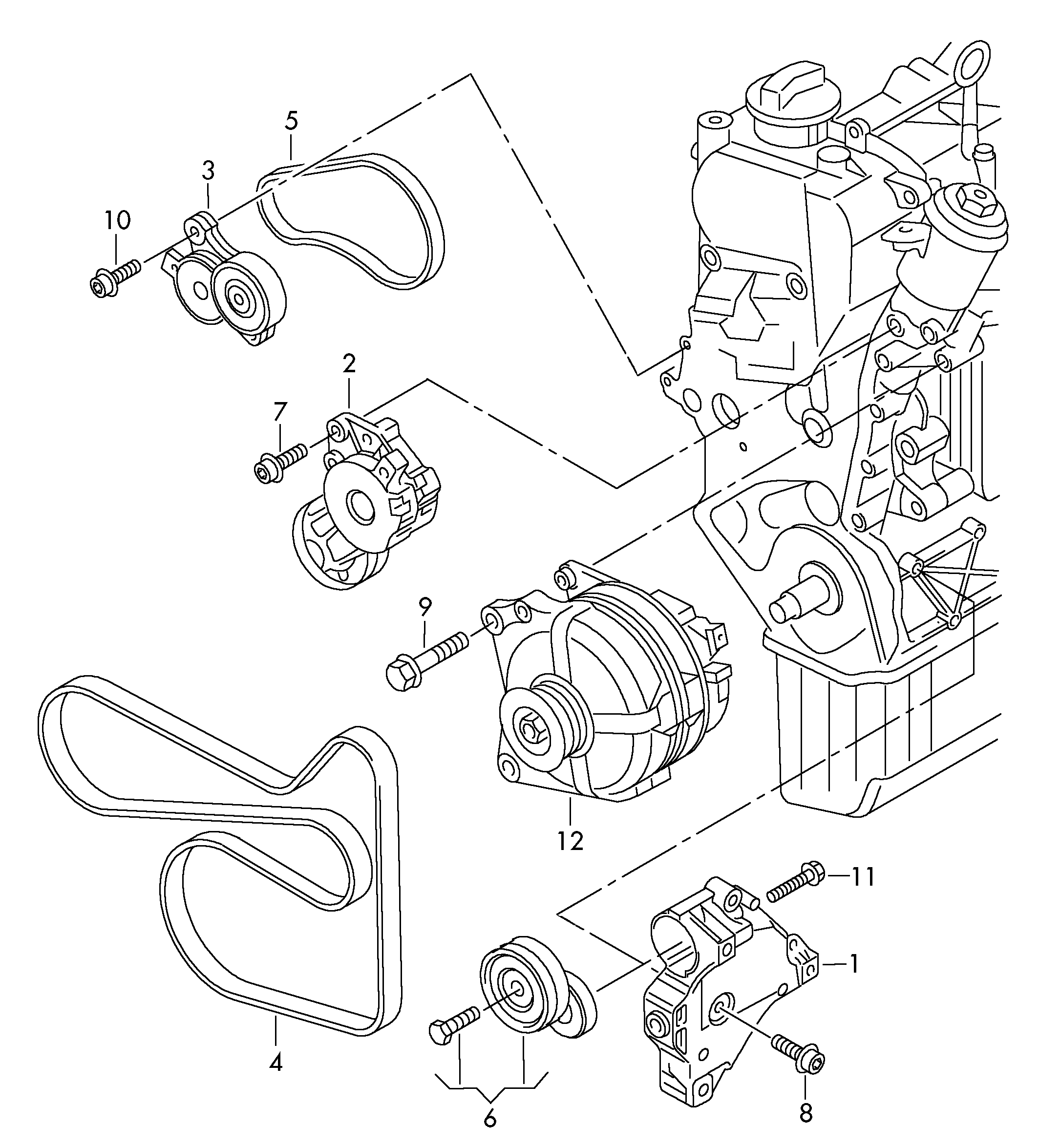 connecting and mounting parts<br>for alternatorPoly-V-belt 1.4ltr. - Passat/Variant/Santana - pa