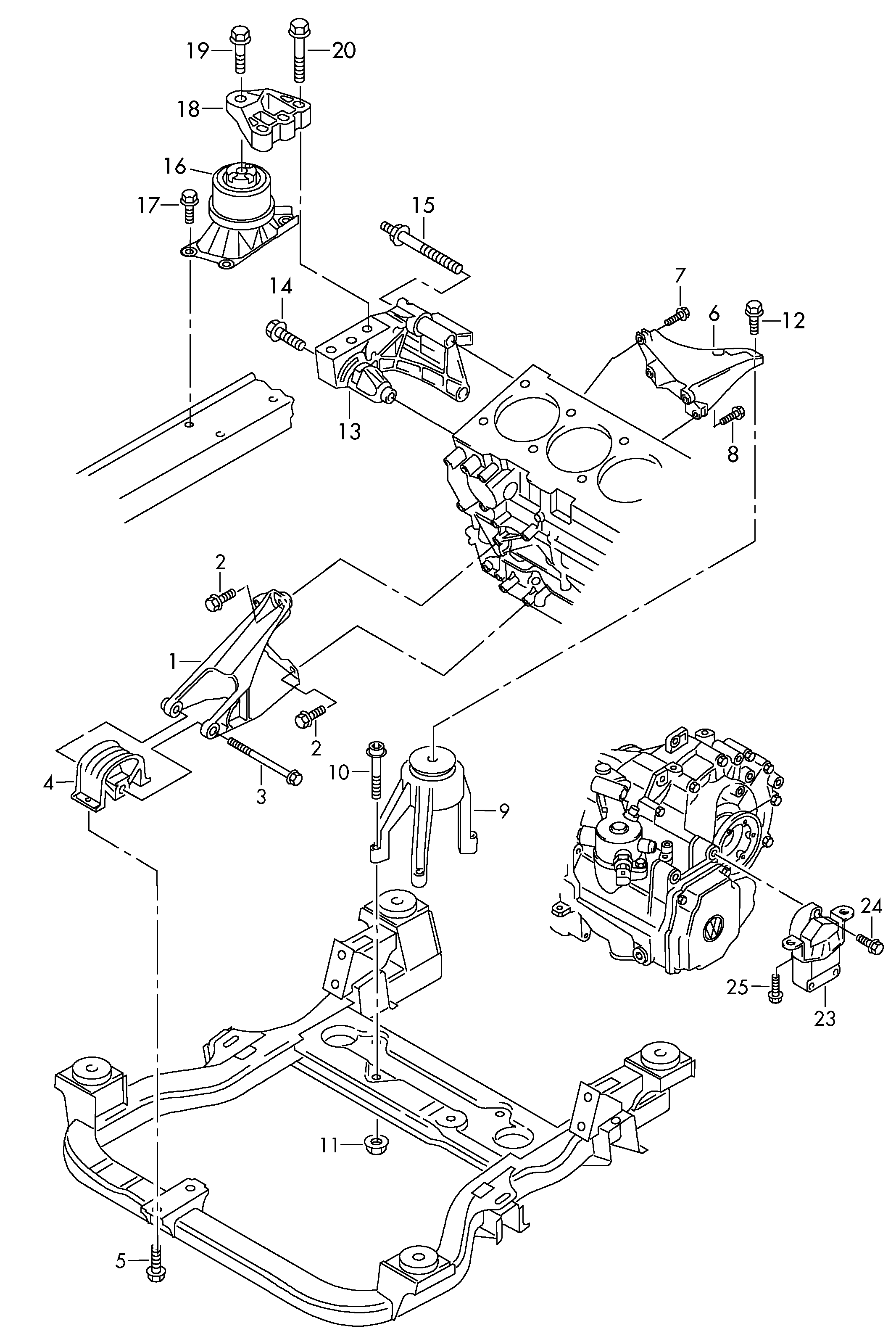 Befestigungsteile für Motor<br>und Getriebe 2,0Ltr. - Transporter - tr