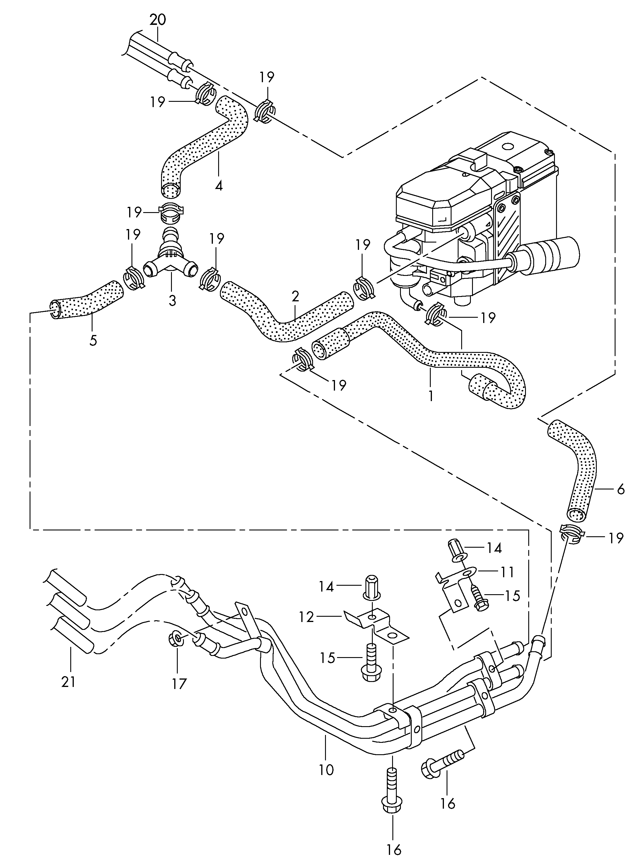 Coolant hoses and<br>pipesAuxiliary heater for water<br>circuitAuxiliary heater for coolant<br>circuitfor vehicles with 2nd<br>heat exchanger  - Transporter - tr
